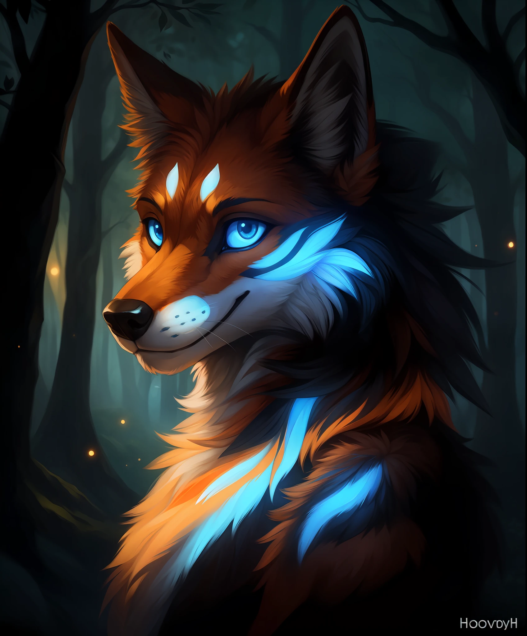 a beautiful and detailed portrait of mylar, orange body, canid, outside, forest, nude, ((glowing body)),dark,night,honovy hioshiru foxovh,blue eyes,smile,solo