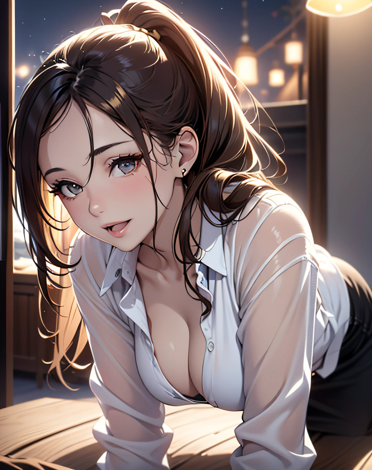 photo realistic, (8k, RAW photo, best quality, masterpiece:1.2), High detail RAW color photo, professional photograph, cowboy shot, (realistic, photo realistic:1.37),cinematic light, (finery detailed face:1.2), cowboy shot, thigh 1 girl, 18-28 years old, very cute, very beautiful, photo realistic, event companion, BREAK, white skin, real human skin, (detailed face), oval face, pores, ultra high res, BREAK, slim, (medium-large-breast:1.37, cleavage:1.37), (looking straight at viewer with a serene and goddess-like happiness:1.2), (lifter gloss, eyelashes, gloss-face, best quality, ultra highres, Broad lighting, natural shading), (beautiful thin long hair, pony-tail:1.3, brown hair),, BREAK, (secretary style:1.3, secretary clothes:1.3, white blouse:1.3, pencil skirt:1.3), ((detailed golden gorgeous hotel bedroom:1.3, golden room:1.3, night room:1.5)), ((light smile, open mouth:1.5, humid, in heat, blush, seductive emotion, aroused)), ((from below:1.3, all fours:1.3, top down bottom up)), blurry background, bokeh, depth of field, cowboy shot:1.3, centered image,