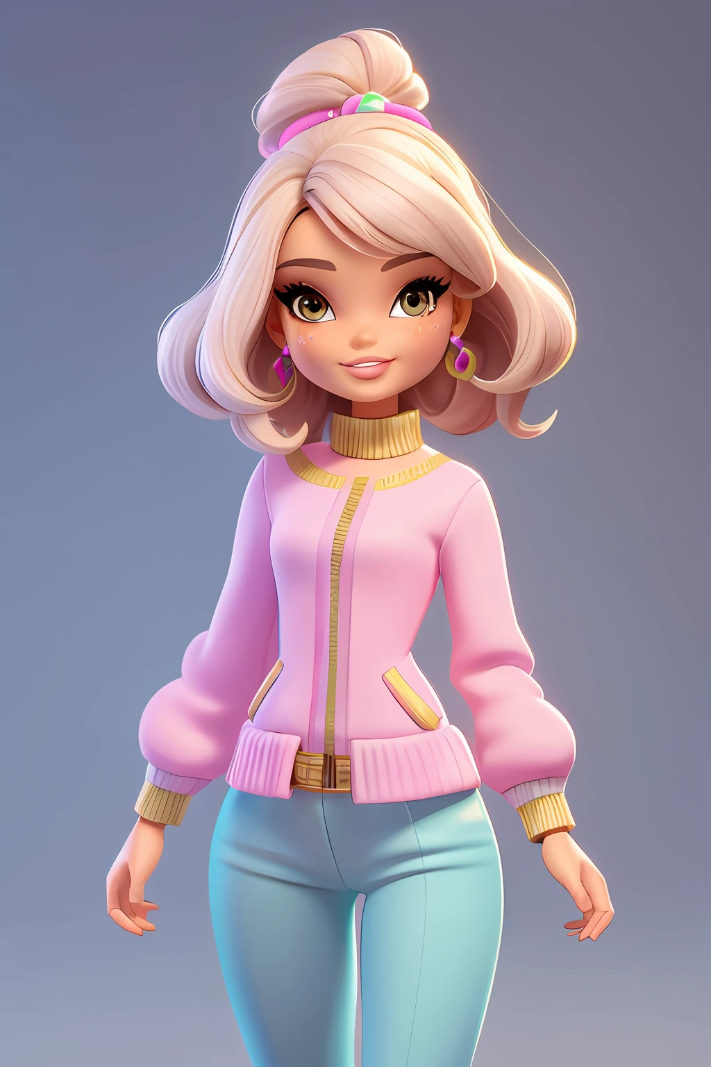 3DCHARACTER, 1 , mulher adulta, sardas, hazelnut eyes, Jammers, (corpo inteiro: 1.2), fundo simples, obra-prima, melhor qualidade, (fundo gradiente) cabelos castanhos. Feliz, pastel hues, Estilo barbie, roupa estilosa