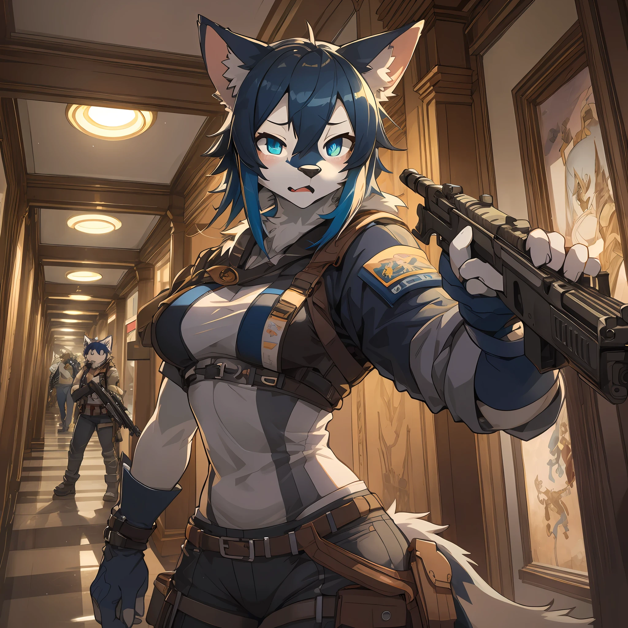 dynamic angle, top quality, best quality, High-quality illustrations, masterpiece, super high resolution, detailed background, detailed background, biohazard, Dim hotel hallway, gun fight, group shot:0.1, 6+boys, 6+girls, game package, absurdres(highly detailed beautiful face and eyes)perfect anatomy, expression, good lighting, cinematic shadow(kemono, furry anthro),