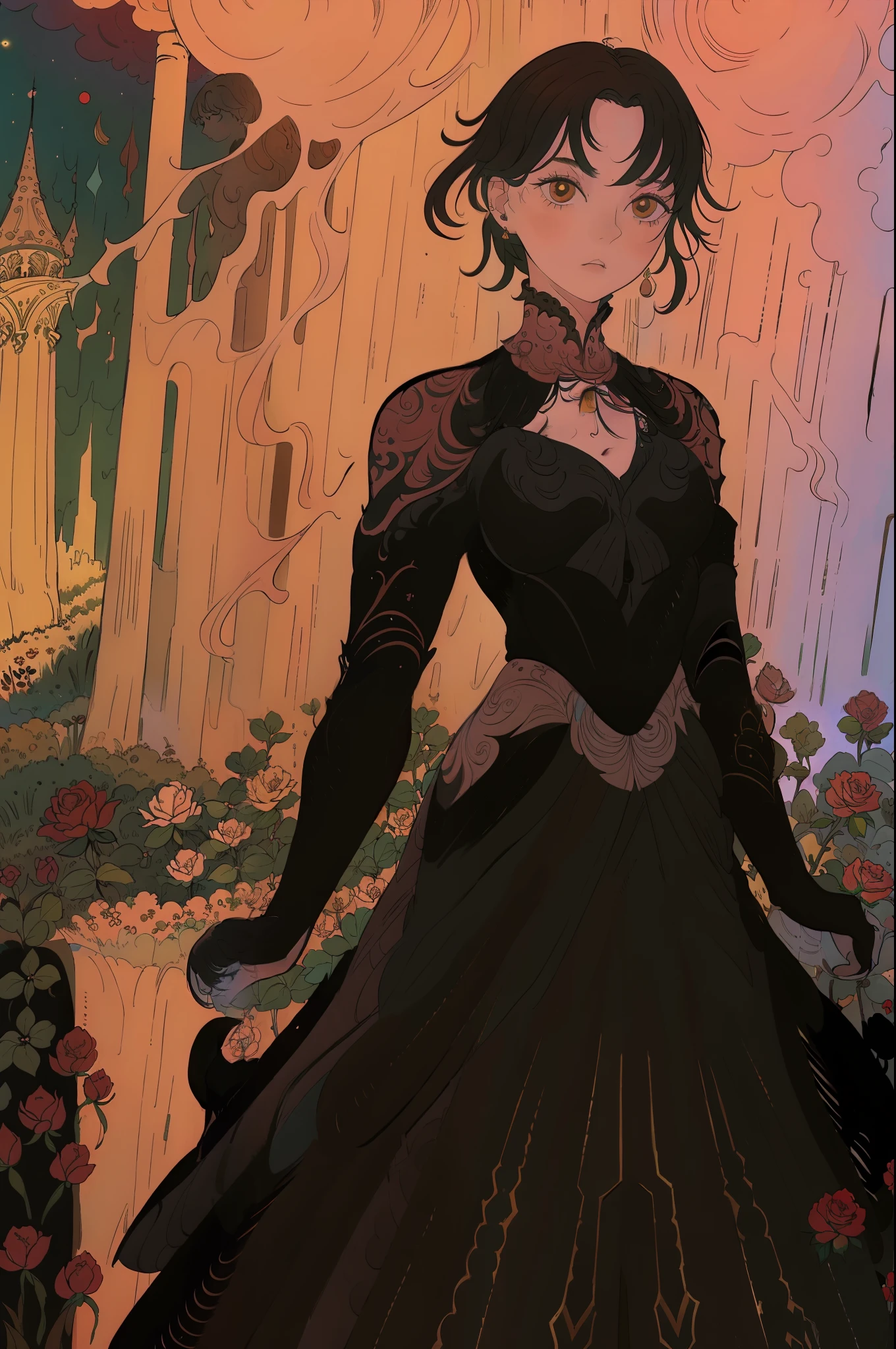The most beautiful rose bush imaginable and an incredibly elegant young woman, superbly hairstyled, Espectacularmente maquillada y con un vestido deslumbrantemente en colores dorados, negros y grises fabuloso. In a dream garden on a magical night. (obra maestra) (mejor calidad)