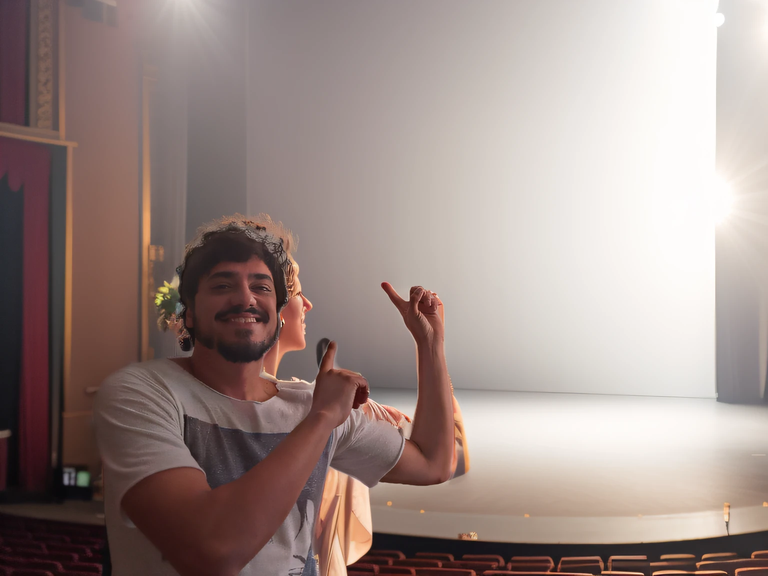 THE BACKGROUND IS A BACK A BEAUTIFUL THEATER STAGE