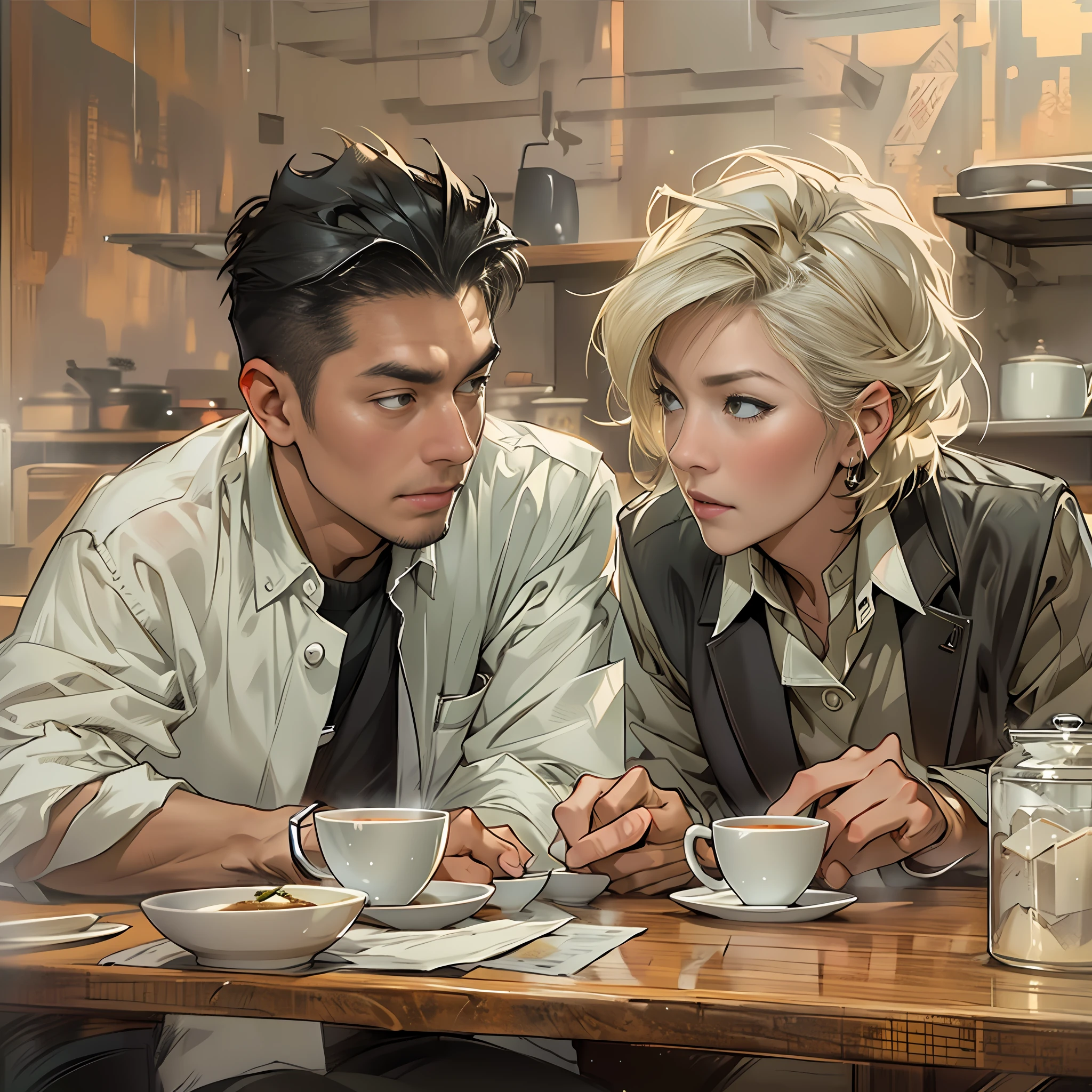 A young handsome male chef and a middle-aged mature female agent sat at a table, Serious discussion, There was a contract and a cup of coffee on the table, Surrounded by comfortable offices, ,in the style of the stars art group xing xing, 32K, Best quality, Masterpiece, Super detail, High details,