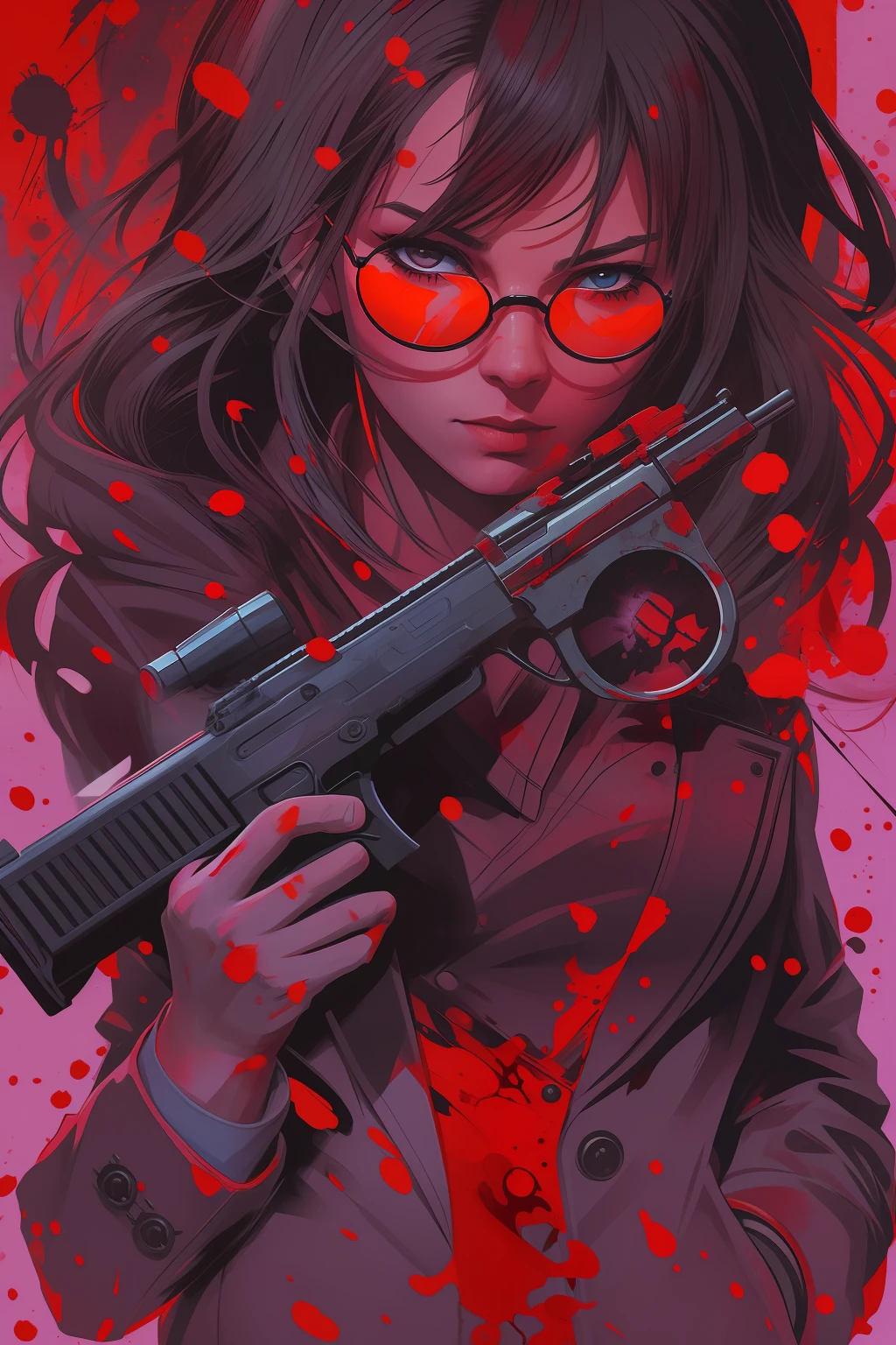 strong girl, red background, blood, guns, injury, black round glasses, short hairs, suit, blood everywhere, john wick theme style, acrylic painting, Splash art, alcohol ink,  dark fantasy, apocalypse street ambience, wide angle, digital illustration
