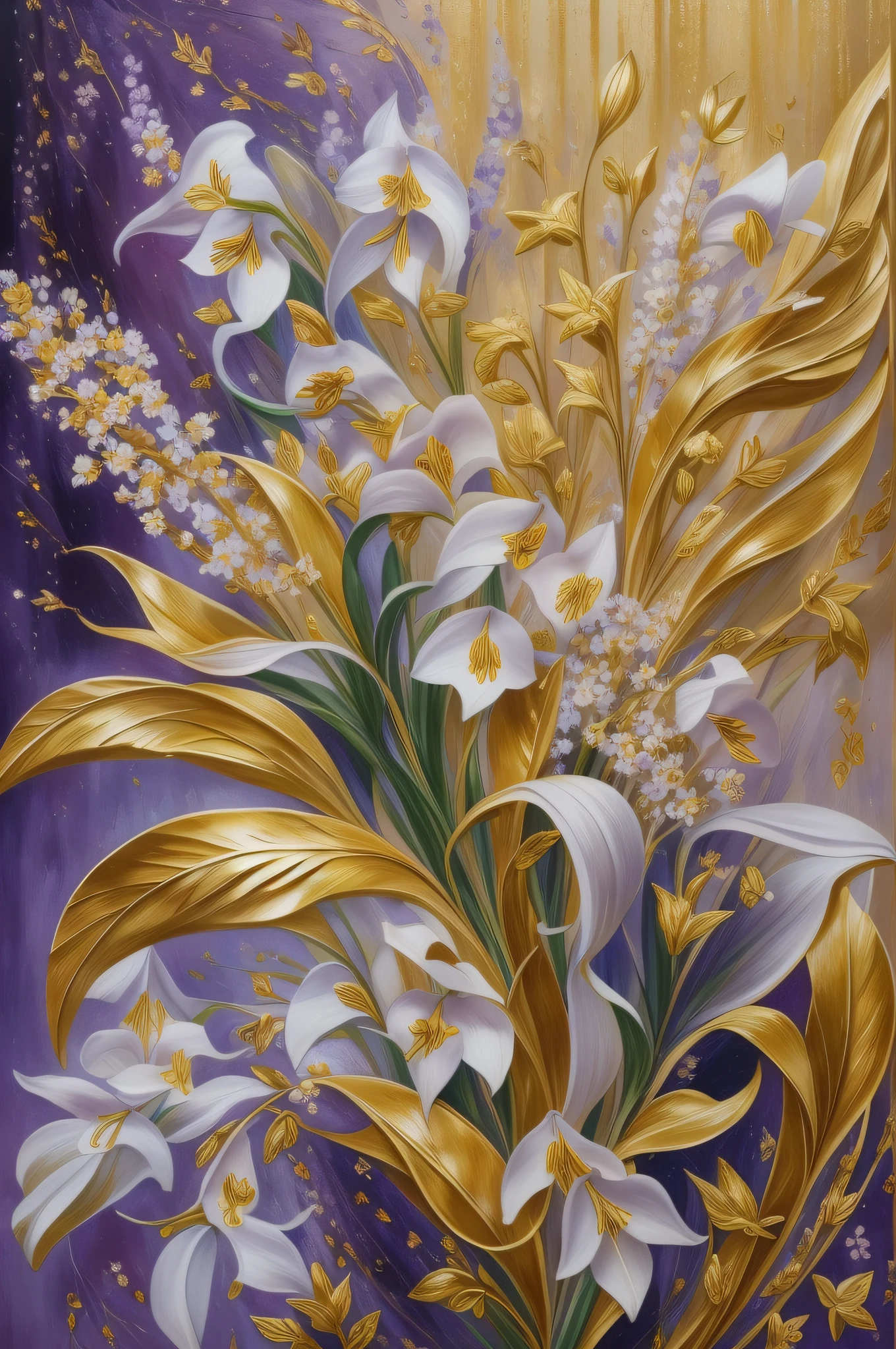 Flowers, gold and silver leaves, gold flowers, golden lilies and lily of the valley, roses, flowers and purple, detailed flowers, gorgeous flowers, golden flaky flowers, complex flowers, chaotic golden flowers, detailed 4K oil painting, stunning, rich detail, gold plated flowers. Flowers, Flowers Romanticism, Art Deco, Pastel painting.
Waiting for start