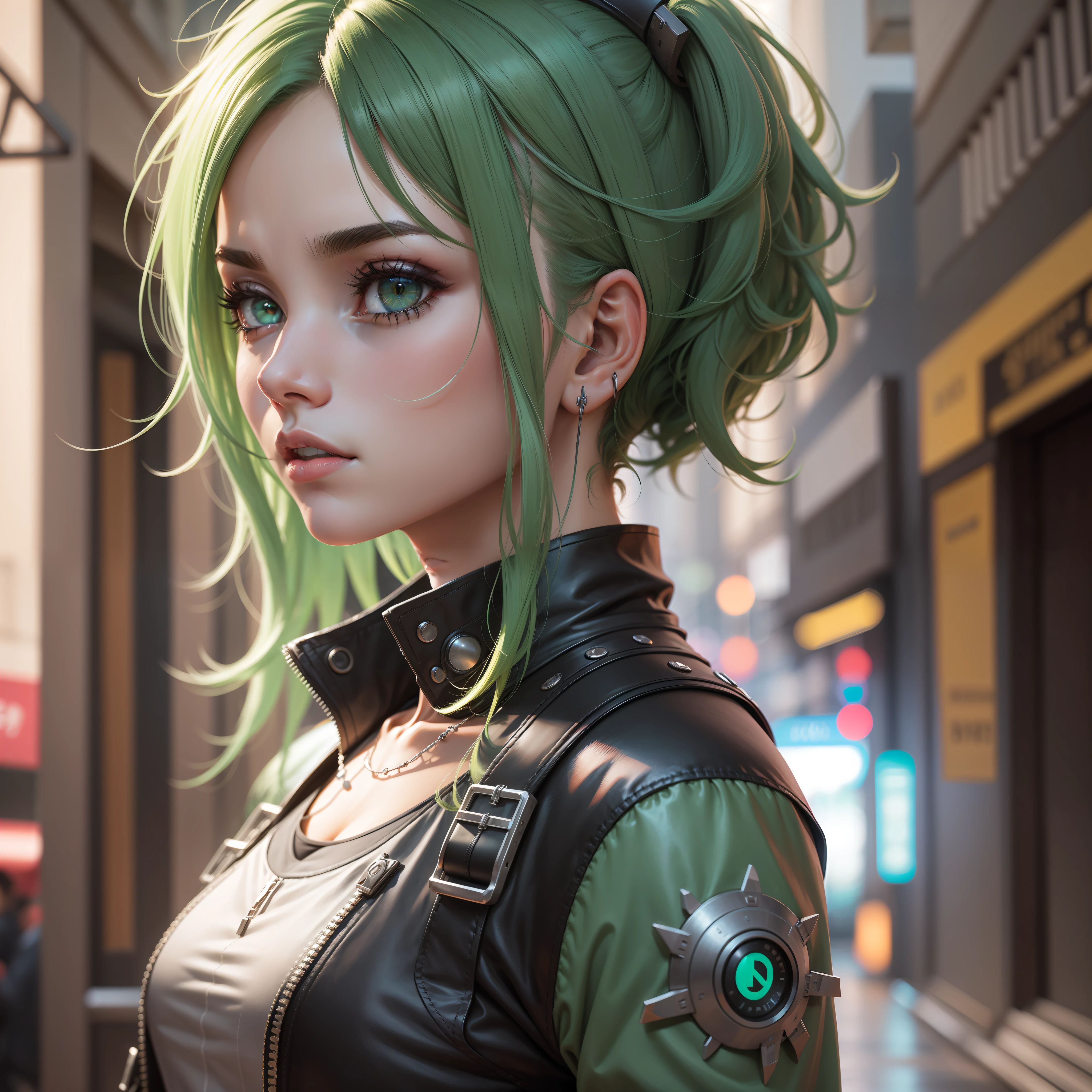 ID da tarefa.:49621207273541 guerreira mulher Cyberpunk linda ,em rua de um cidade futurista, com olhos verdes, cabelo longo colorido, Roronoa Zoro, an anime piece, brincos, rosto, platinum_hair, joias, male_focus, ao ar livre, short_hair, simetric body, retrato, cinematic lighthing, alto contraste, artstation, arte conceito de personagem, 8K, fundo simples, cicatriz sobre um olho