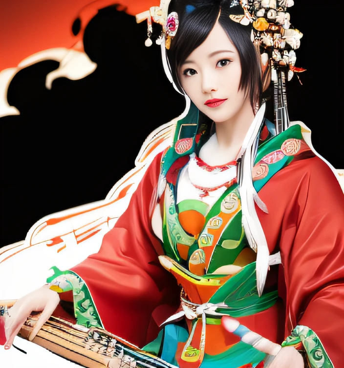 Woman in kimono dress playing musical instrument,