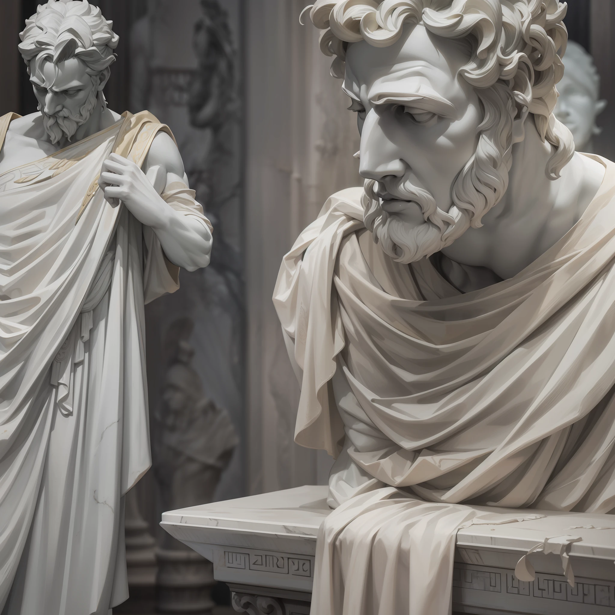 A realistic Greek white marble statue of Marcus Seneca thoughtful detailed wearing a ghostly toga, fundo neutro, Moody, , fotorrealista, thoughtful movie dinner, super detalhada, hiper realista, luzes brilhantes, 8 K