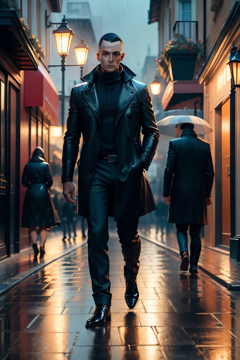 Estilo realista, cena vertical, tipo uma selfi, hiper-detalhada, altamente imersiva, a well-dressed lone man walking through the rain-covered streets of London after a downpour, intricate details of night lighting reflecting off wet sidewalk and gas lamps, capturing the essence of solitude in the middle of an urban landscape, The image was taken with a high-resolution camera that brings to life all the nuances of the scenery, 8k, HDR