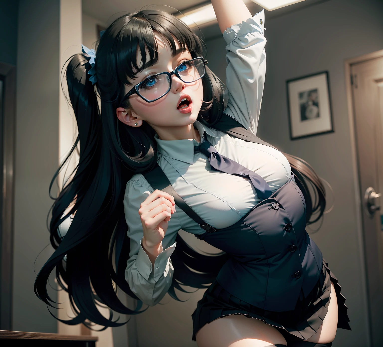 Keep the face,Large breasts,black lence stockings,Pleated skirt in blue color,open mouth,eye glass