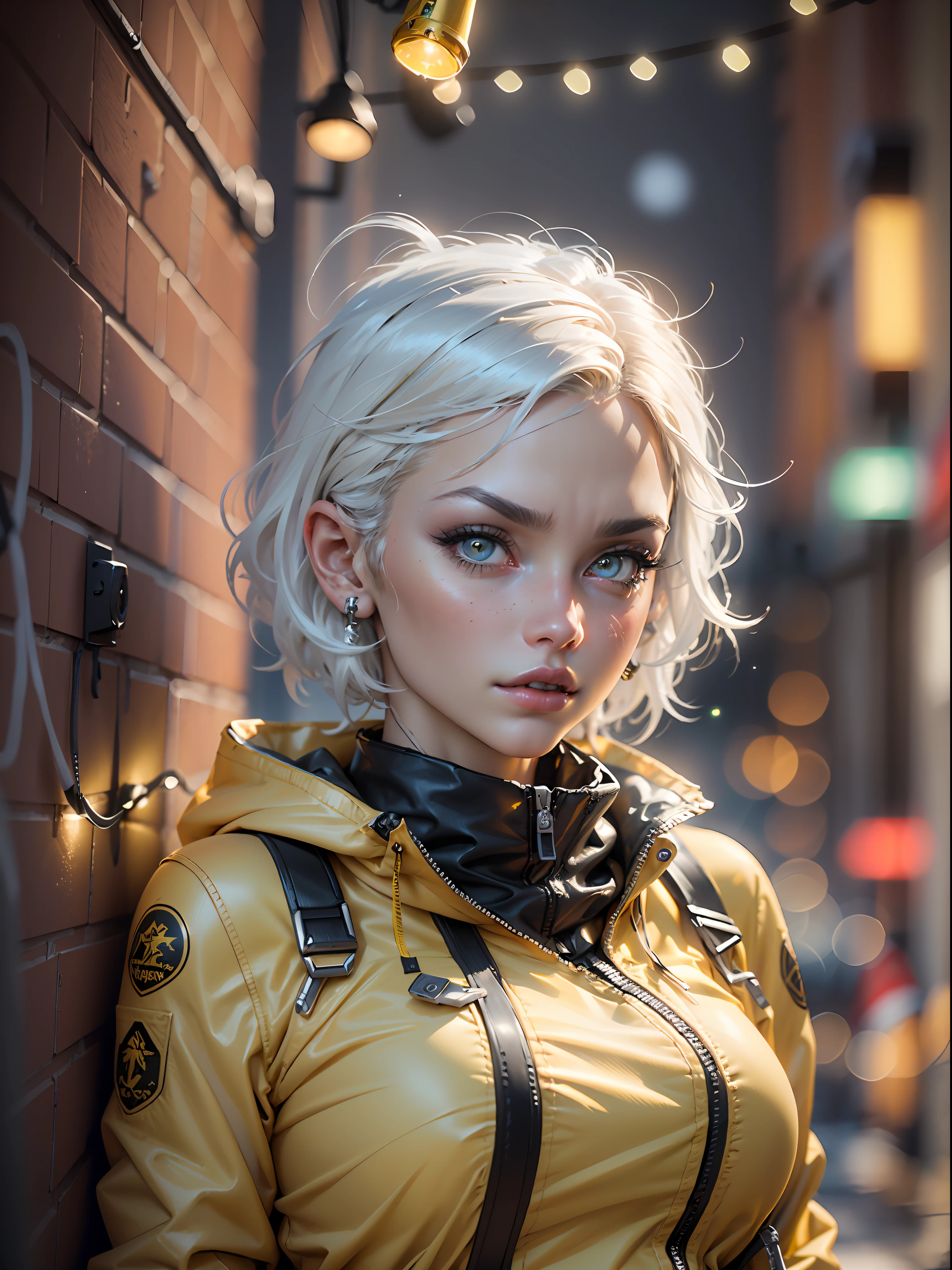 robot, steampunk female android, world war II (full body:1), beautiful face, (realistic face), (white hair, short hair:1.3), (christmas lights:1.5), beautiful hairstyle, realistic eyes, (realistic skin), beautiful skin, absurdres, attractive, ultra high res, ultra realistic, highly detailed, golden ratio(wearing a red jacket) (open zipper:1) (wearing yellow rubber boots:1.3), A stunning intricate full colour, spaceship, epic character composition, sharp focus, natural lighting, subsurface scattering, f2, 35mm, film grain, world war II) sci - fi film still (erotic:1.3), voluptuous, sensual, sexy, romantic, BDSM, moody and melanchonic atmosphere