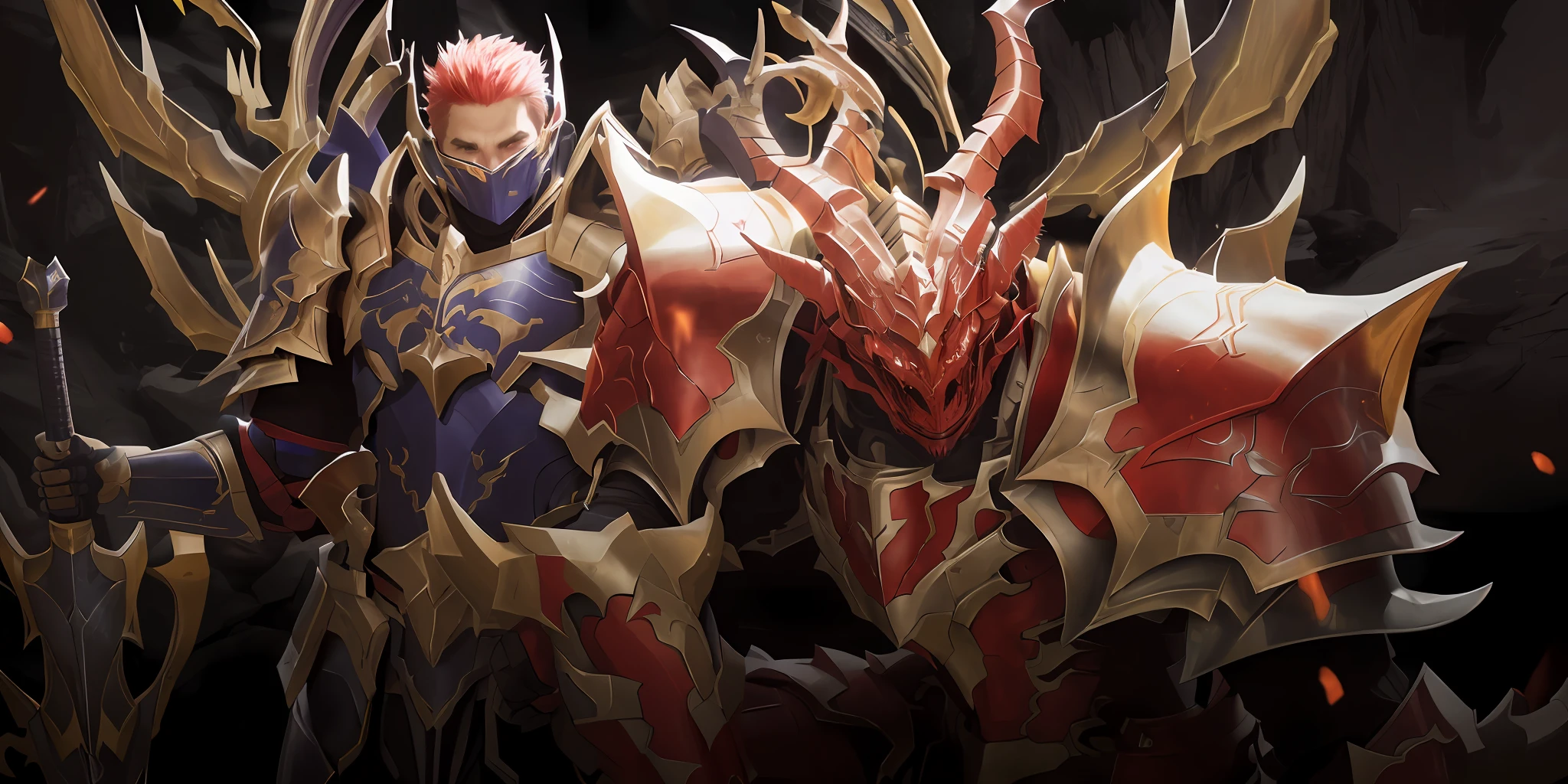 There are two men in armor next to each other, Dragon Knight, Yiqiang e Shurakrgt, draconic looking armor, Dragon armor, 8k hd wallpaperjpeg artefato, 8 K HD WallpaperArtefato jpeg, da linhagem 2, red demon armor, demonic dragon inspired armor, Retrato de Dragoon