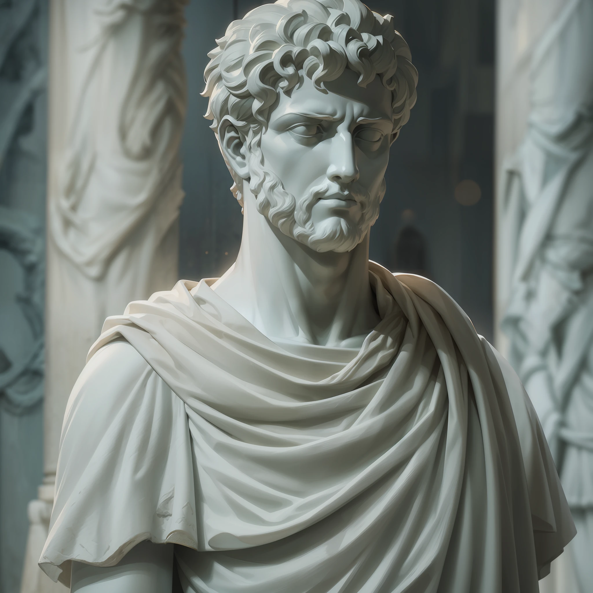 A realistic Greek white marble statue of Marcus Epietus thoughtful detailed wearing a ghostly toga, fundo neutro, Moody, , fotorrealista, thoughtful movie dinner, super detalhada, hiper realista, luzes brilhantes, 8 K