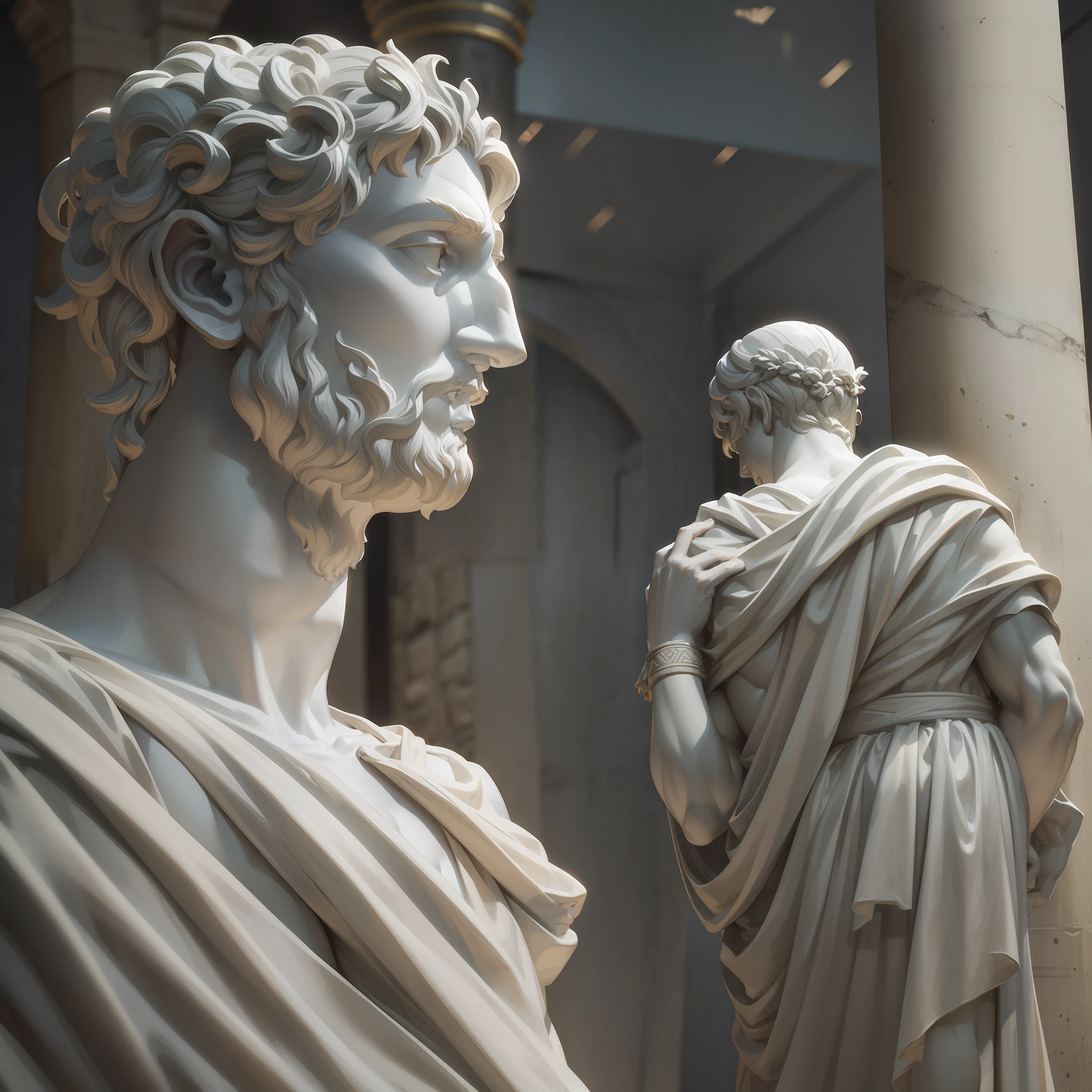A realistic Greek white marble statue of Marcus Epietus thoughtful detailed wearing a ghostly toga, fundo neutro, Moody, , fotorrealista, thoughtful movie dinner, super detalhada, hiper realista, luzes brilhantes, 8 K