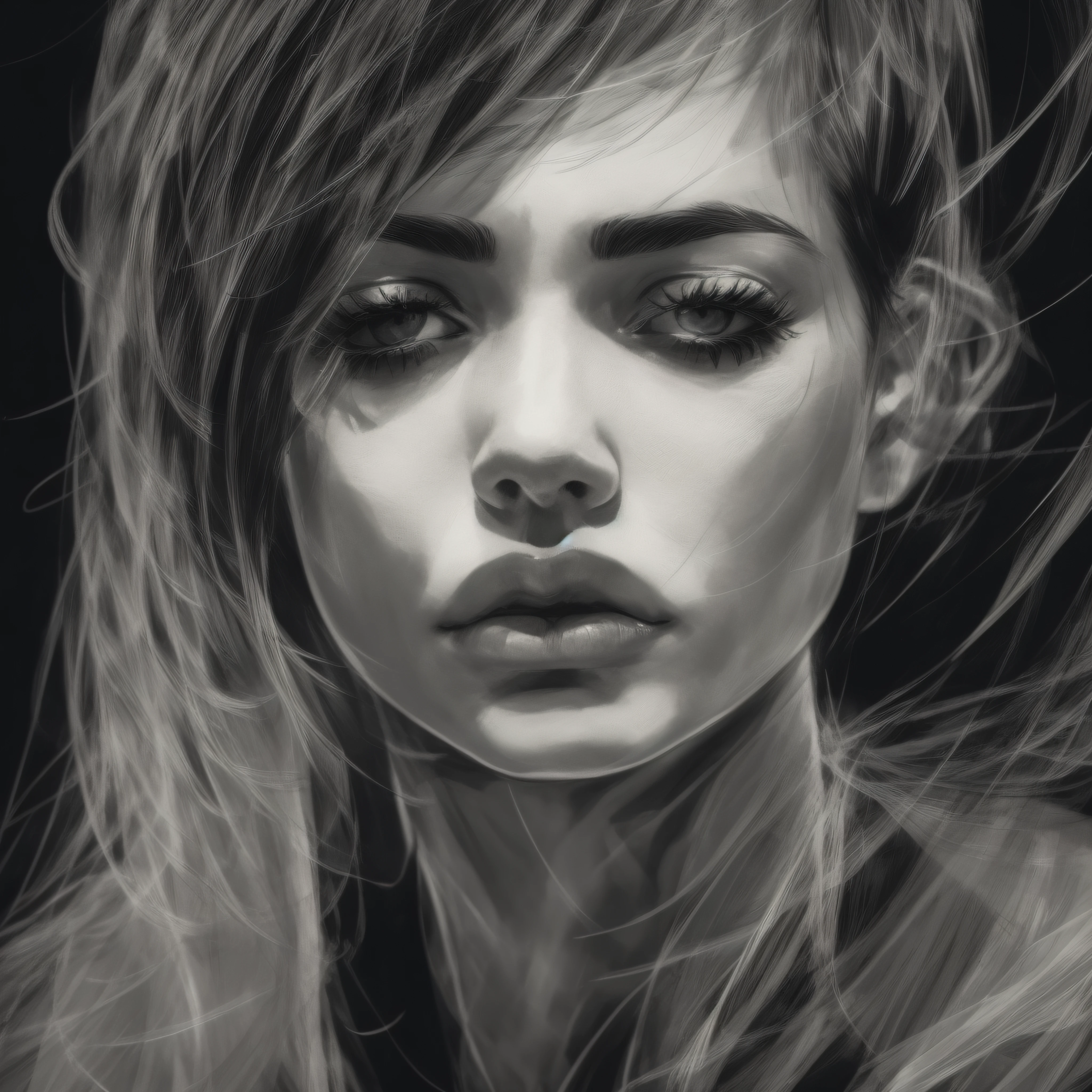 solid black background, white line sketch, women looking down with sad face, full lips, short hair,