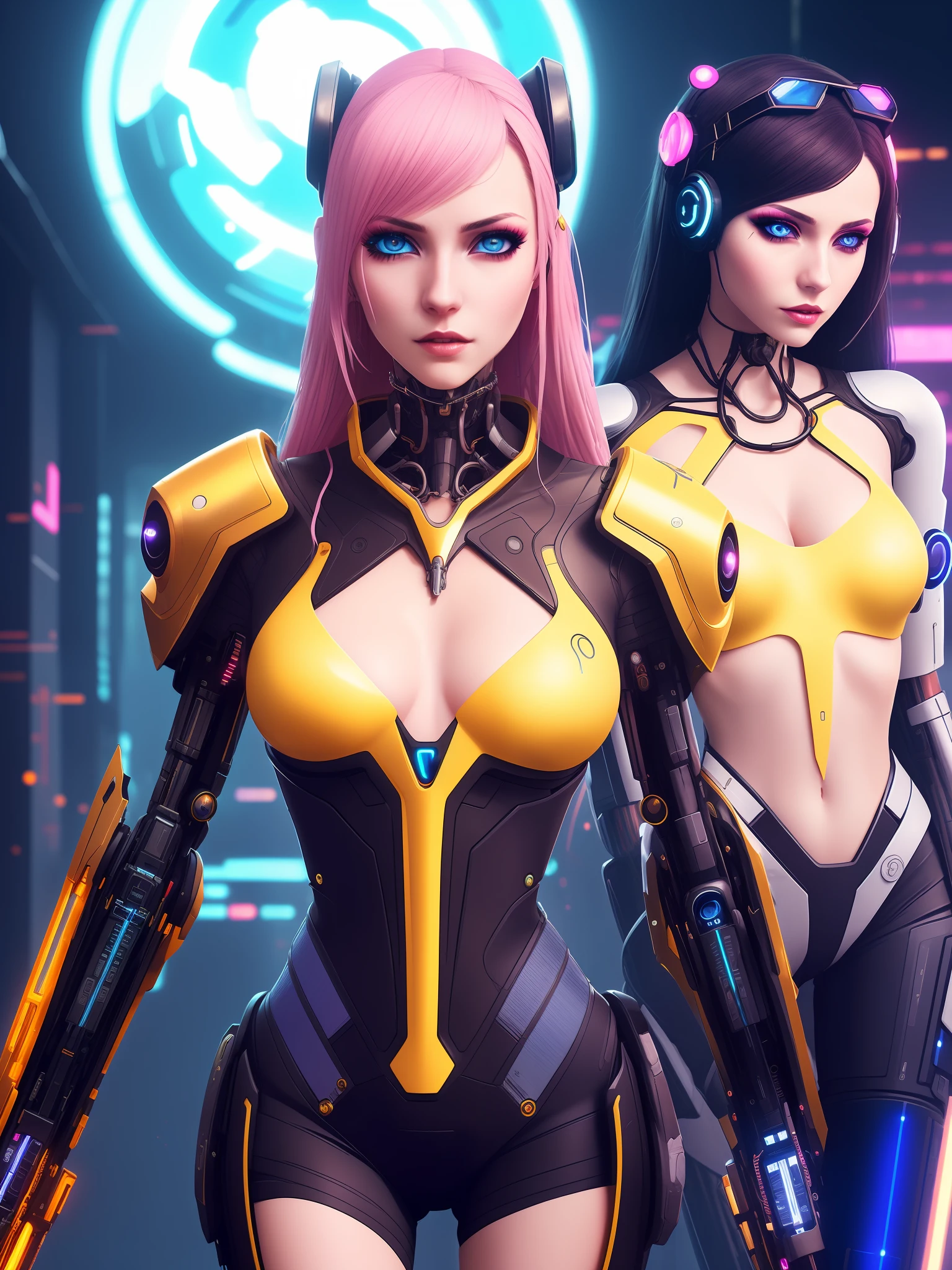 cyberpunk woman in front of the viewer with long hair accessories in multiple colors and necks cybernetic clothing in golden yellow plastic curves holding a futuristic technological weapon next to a very beautiful female humanoids with pink skin and blue eyes looking at the wlop viewers, dramatic background futuristic futuristic smoky chaotic detailed wlop cinematic photography