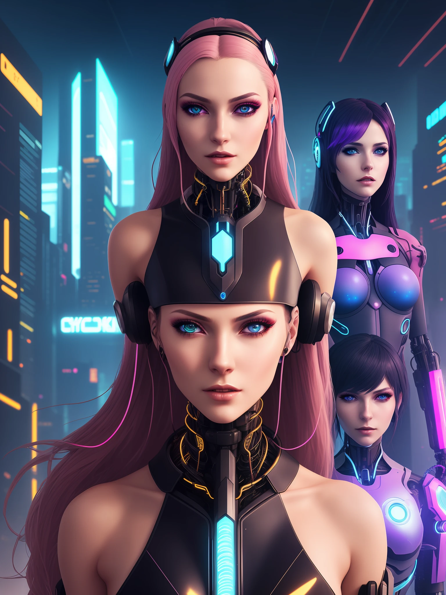 cyberpunk woman in front of the viewer with long hair accessories in multiple colors and necks cybernetic clothing in golden yellow plastic curves holding a futuristic technological weapon next to a very beautiful female humanoids with pink skin and blue eyes looking at the wlop viewers, dramatic background futuristic futuristic smoky chaotic detailed wlop cinematic photography