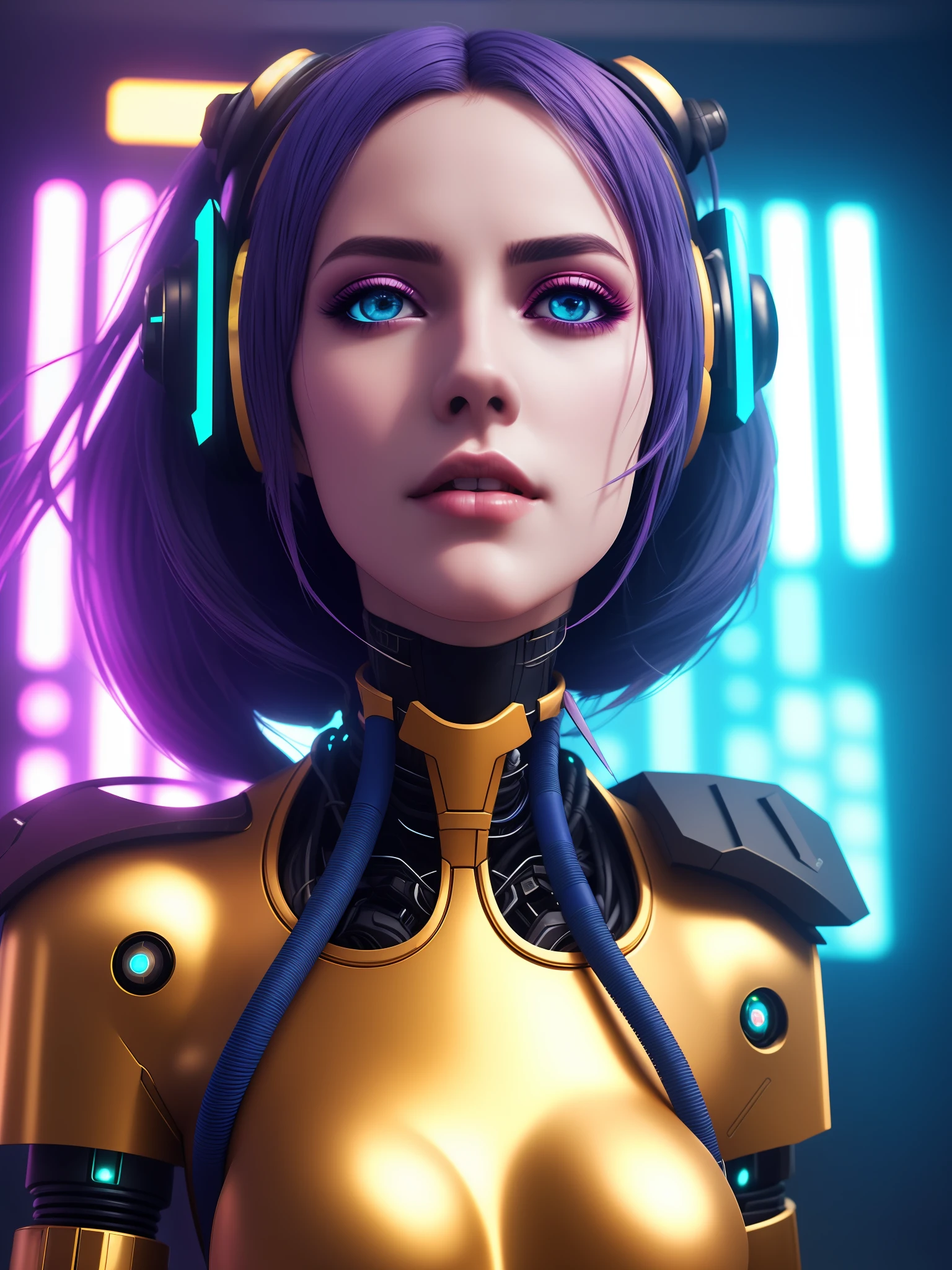 cyberpunk woman in front of the viewer with long hair accessories in multiple colors and necks cybernetic clothing in golden yellow plastic curves holding a futuristic technological weapon next to a very beautiful female humanoids with pink skin and blue eyes looking at the wlop viewers, dramatic background futuristic futuristic smoky chaotic detailed wlop cinematic photography
