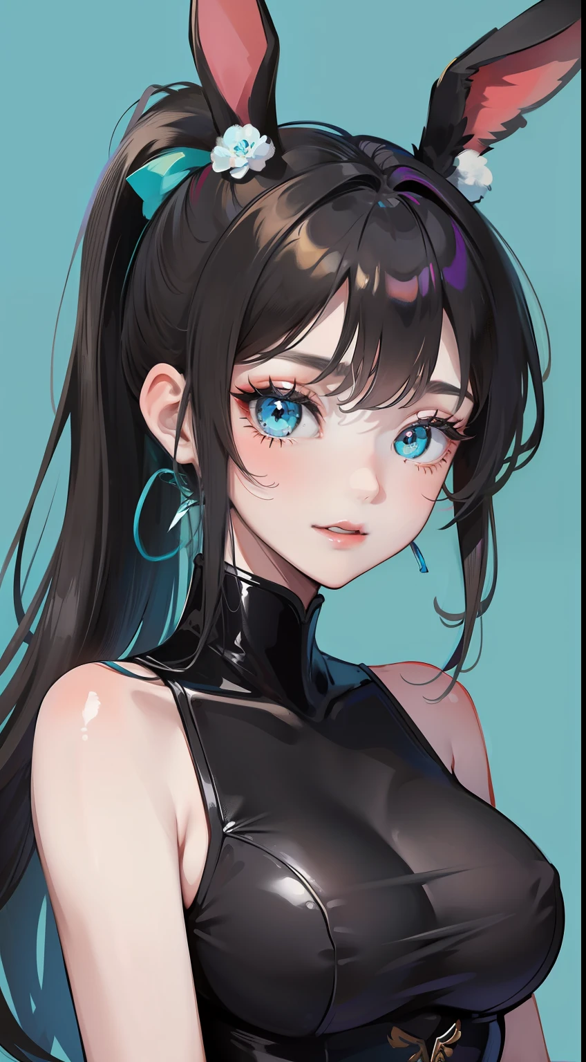 Adult woman, Long black hair, high ponytail, bunny ears, turquoise eyes, Black tight top, ssmile, Masterpiece, hiquality