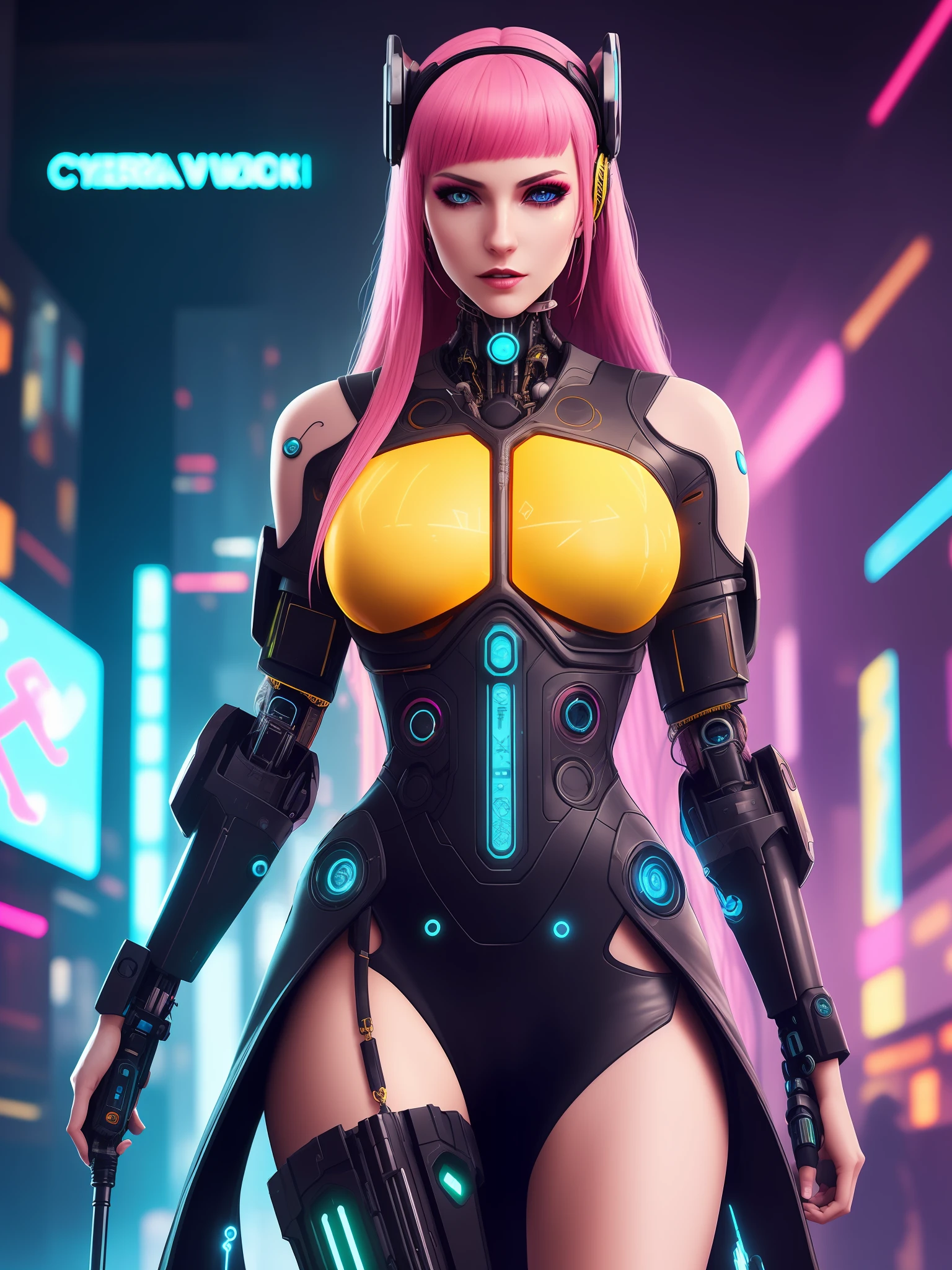cyberpunk woman in front of the viewer with long hair accessories in multiple colors and necks cybernetic clothing in golden yellow plastic curves holding a futuristic technological weapon next to a very beautiful female humanoids with pink skin and blue eyes looking at the wlop viewers, dramatic background futuristic futuristic smoky chaotic detailed wlop cinematic photography
