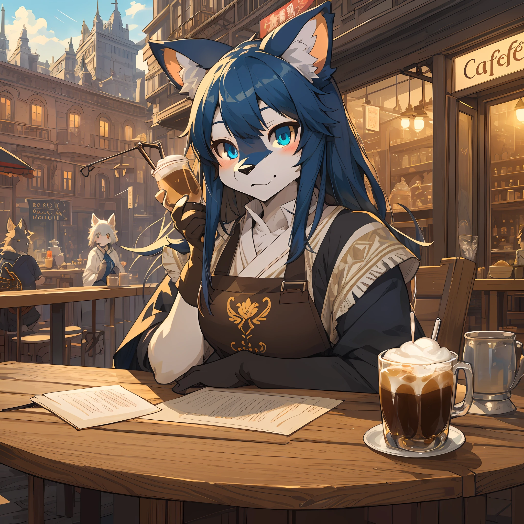 top quality, best quality, High-quality illustrations, masterpiece, super high resolution, detailed background, detailed background, cafe, Terrace, drink, coffee, staff, 6+boys, 6+girls, absurdres(highly detailed beautiful face and eyes)perfect anatomy, expression, good lighting, cinematic shadow(kemono, furry anthro),