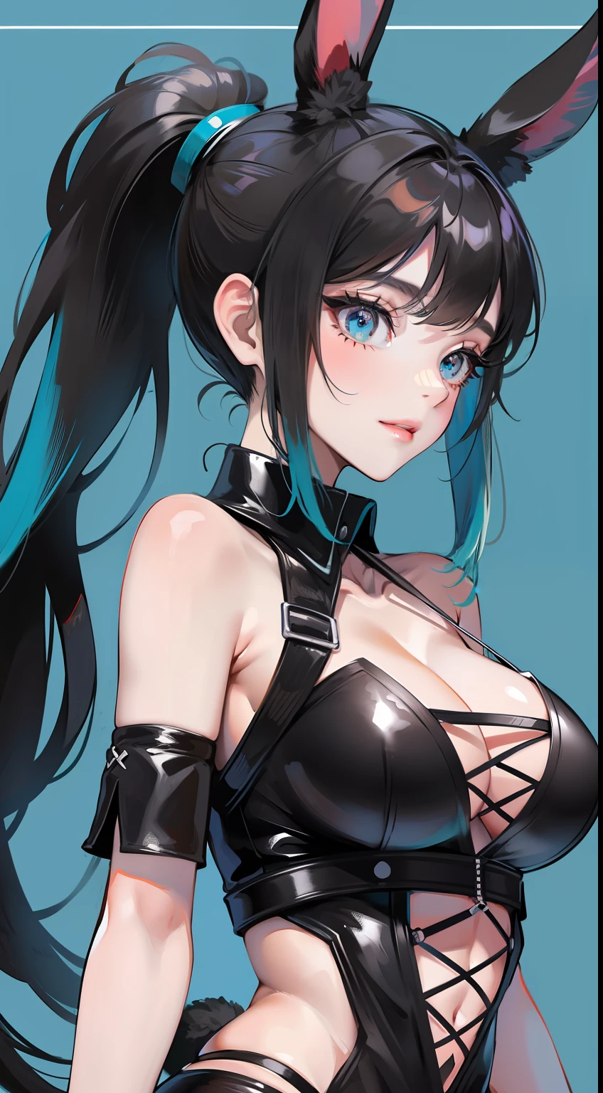 Adult woman, Long black hair, high ponytail, bunny ears, turquoise eyes, Black tight top, ssmile, Masterpiece, hiquality
