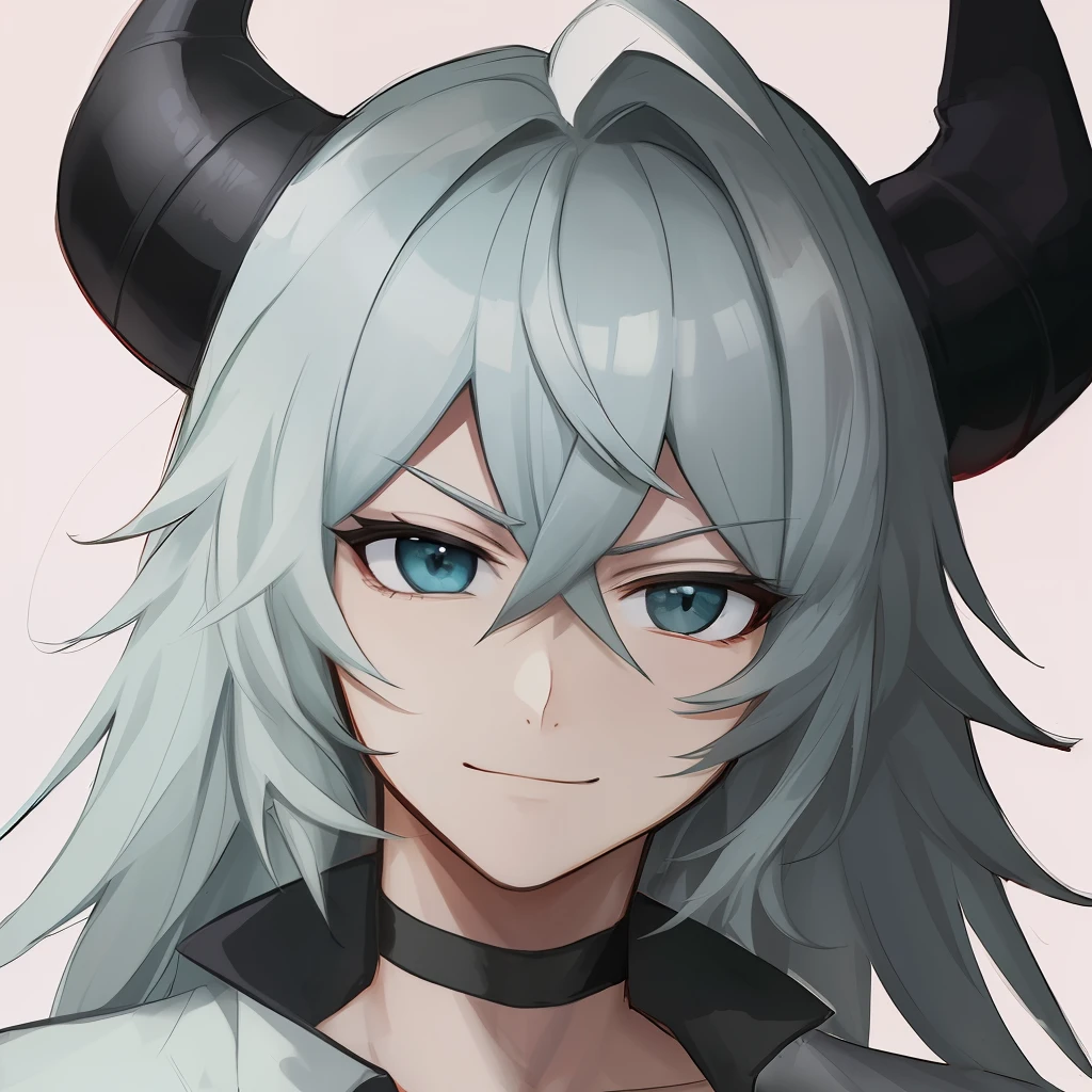 An anime boy with demon horns and grean hair and white shirt with a smirk