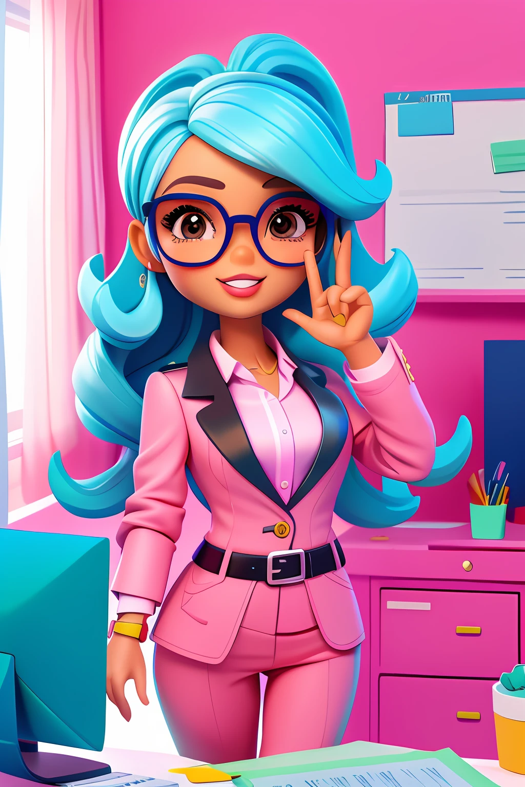 3DCHARACTER, 1 , mulher adulta, sardas, hazelnut eyes, Jammers, (corpo inteiro: 1.2), fundo simples, obra-prima, melhor qualidade, (fundo gradiente) cabelos loiros. Feliz, pastel hues, Estilo barbie, cabelo curto, loiro claro, oculos, working in an office, executiva, intelectual