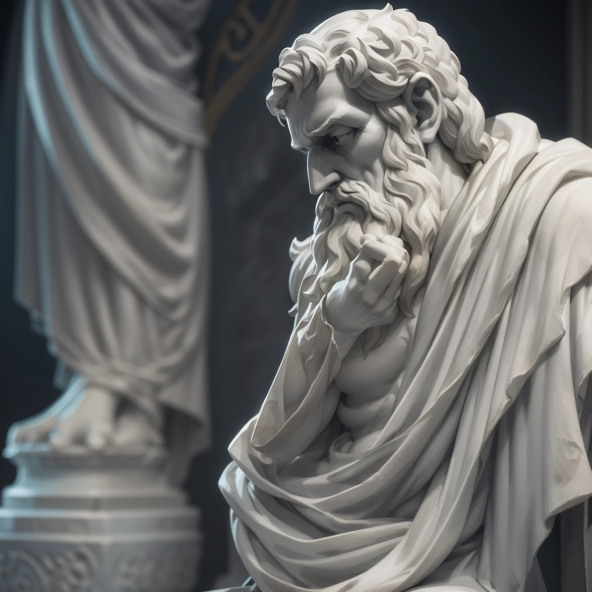A realistic Greek white marble statue of Marcus Epicurus thoughtful detailed wearing a ghostly toga, fundo neutro, Moody, , fotorrealista, thoughtful movie dinner, super detalhada, hiper realista, luzes brilhantes, 8 K