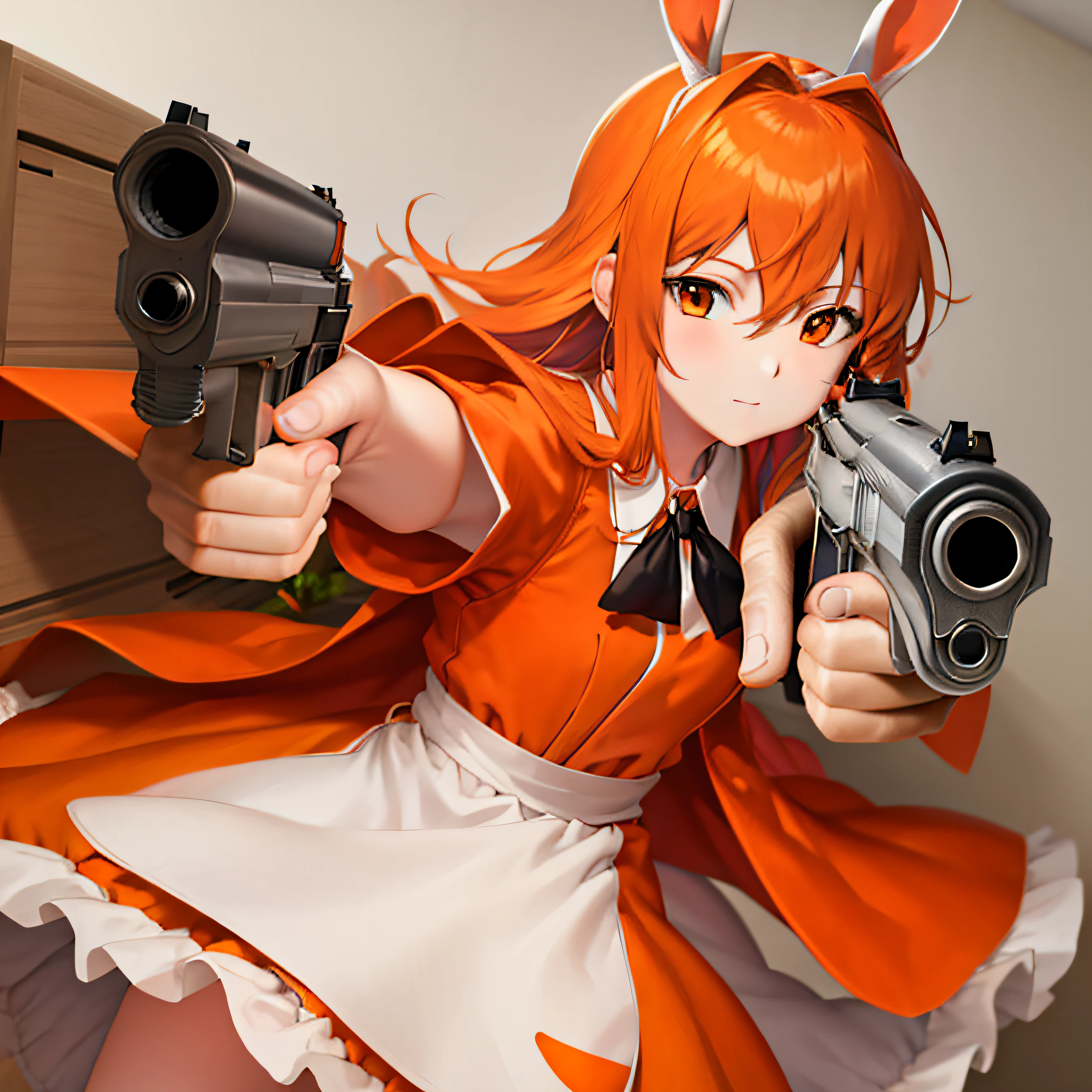 Masterpiece, best quality, gunatyou, carrot_op, orange dress, (white skin), looking at viewer, aiming at viewer,