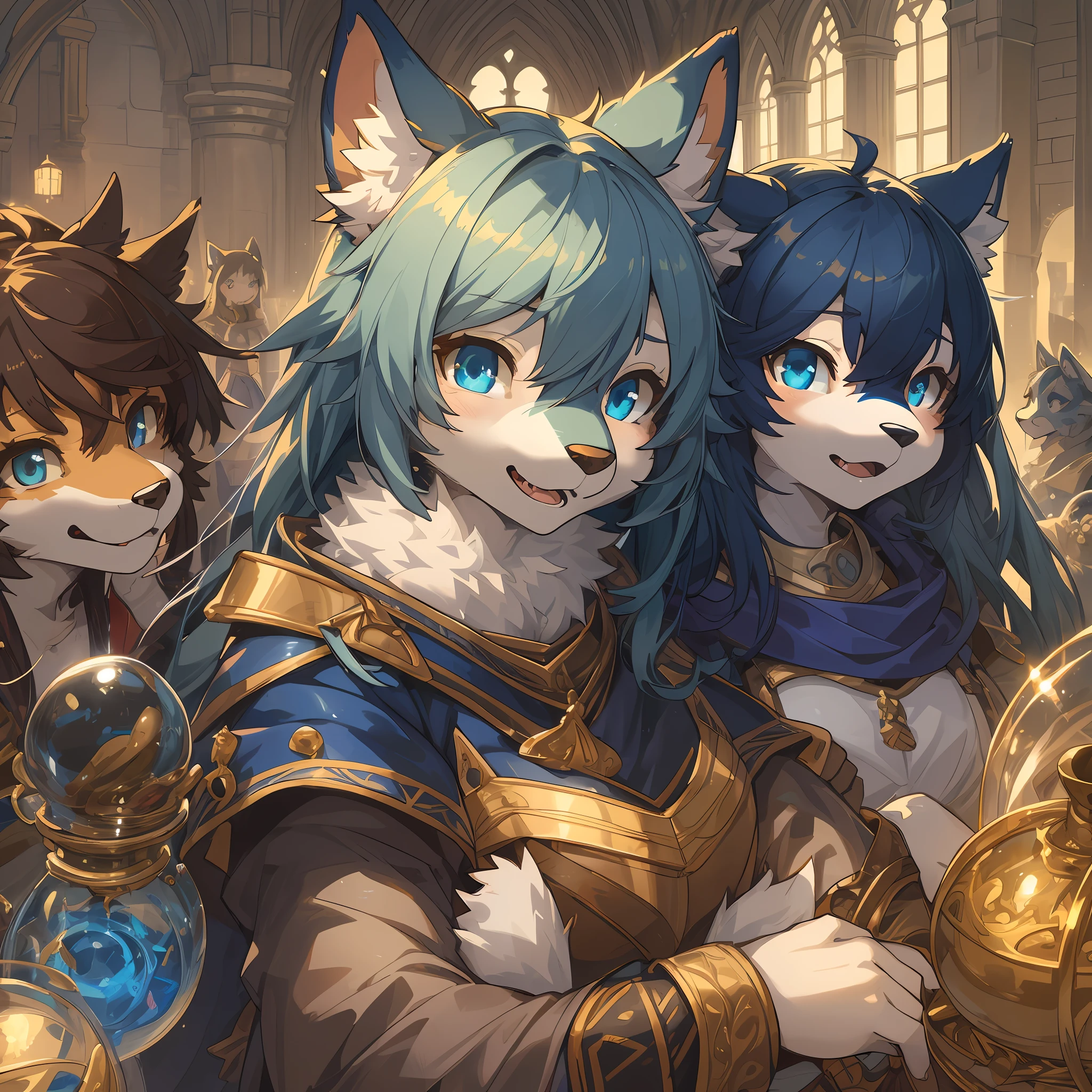 dynamic angle, top quality, best quality, High-quality illustrations, masterpiece, super high resolution, detailed background, detailed background, alchemist, medieval Europe, chandelle, group shot:0.1, 6+boys, 6+girls, absurdres(highly detailed beautiful face and eyes)perfect anatomy, expression, good lighting, cinematic shadow(kemono, furry anthro),