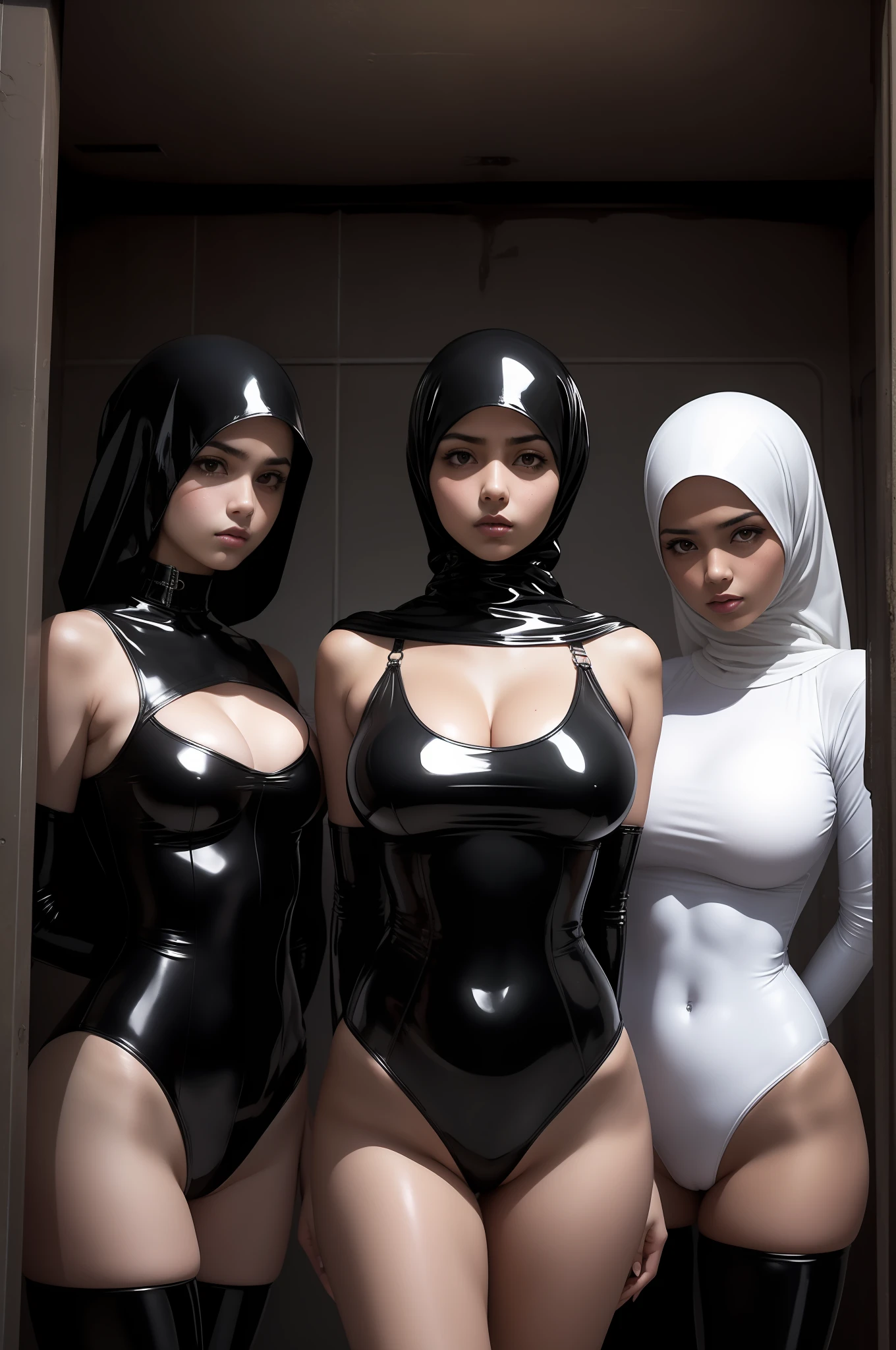 masterpiece, highest quality, 3girls, ((arab)), threesisters, developing bodies, ((big breasts)), vacant stares, neutral expression, (hijab), ((black latex leotard)), ((sexy pose)), prison background, collar, restraints