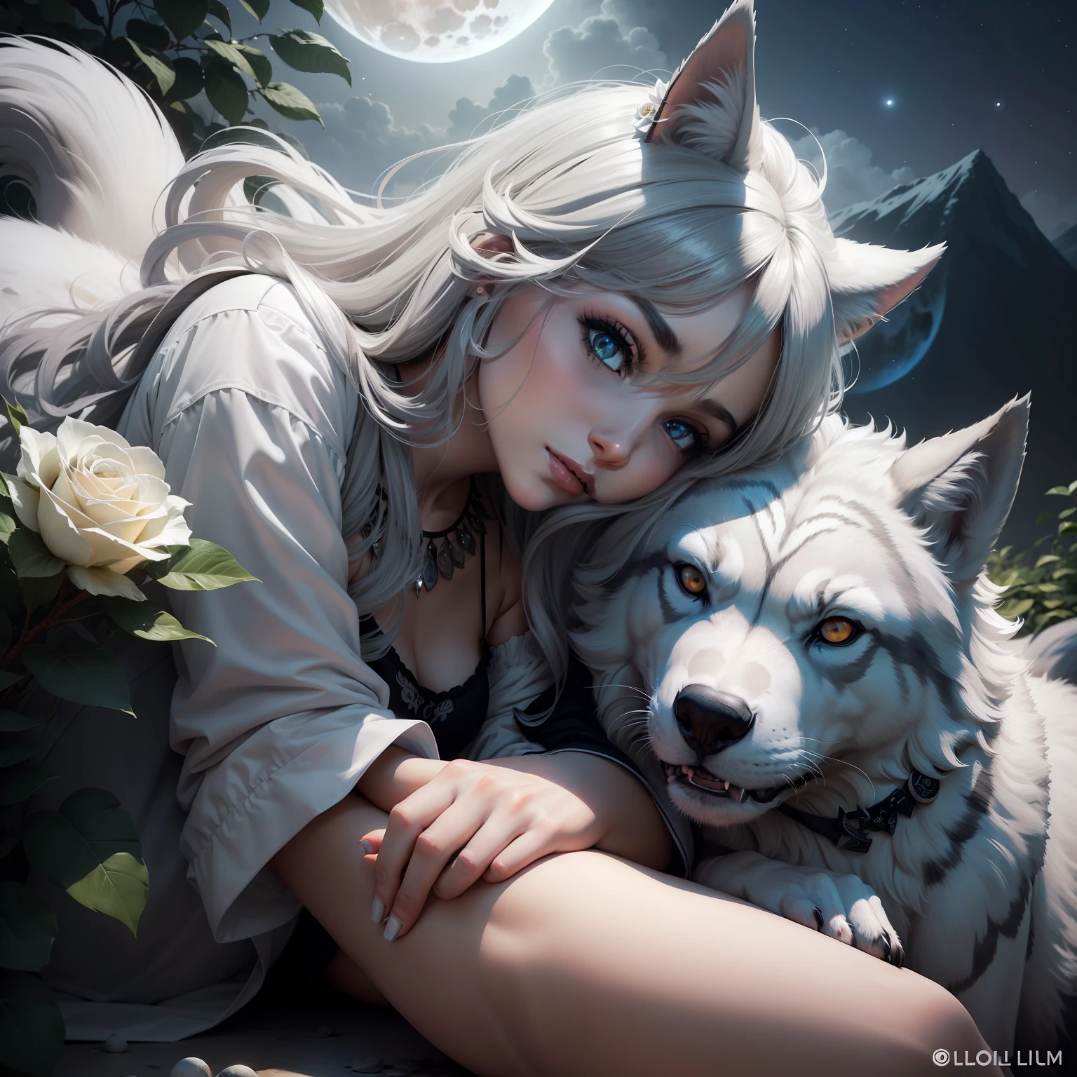 Lobo animal, olhos 🐺👀 (azuis), cor pelo (medium gray), uivando ao luar em primeiro plano, fundo noturno de lua cheia com a lua bem grande 🌕, white roses in circle. Realista e detalhado.