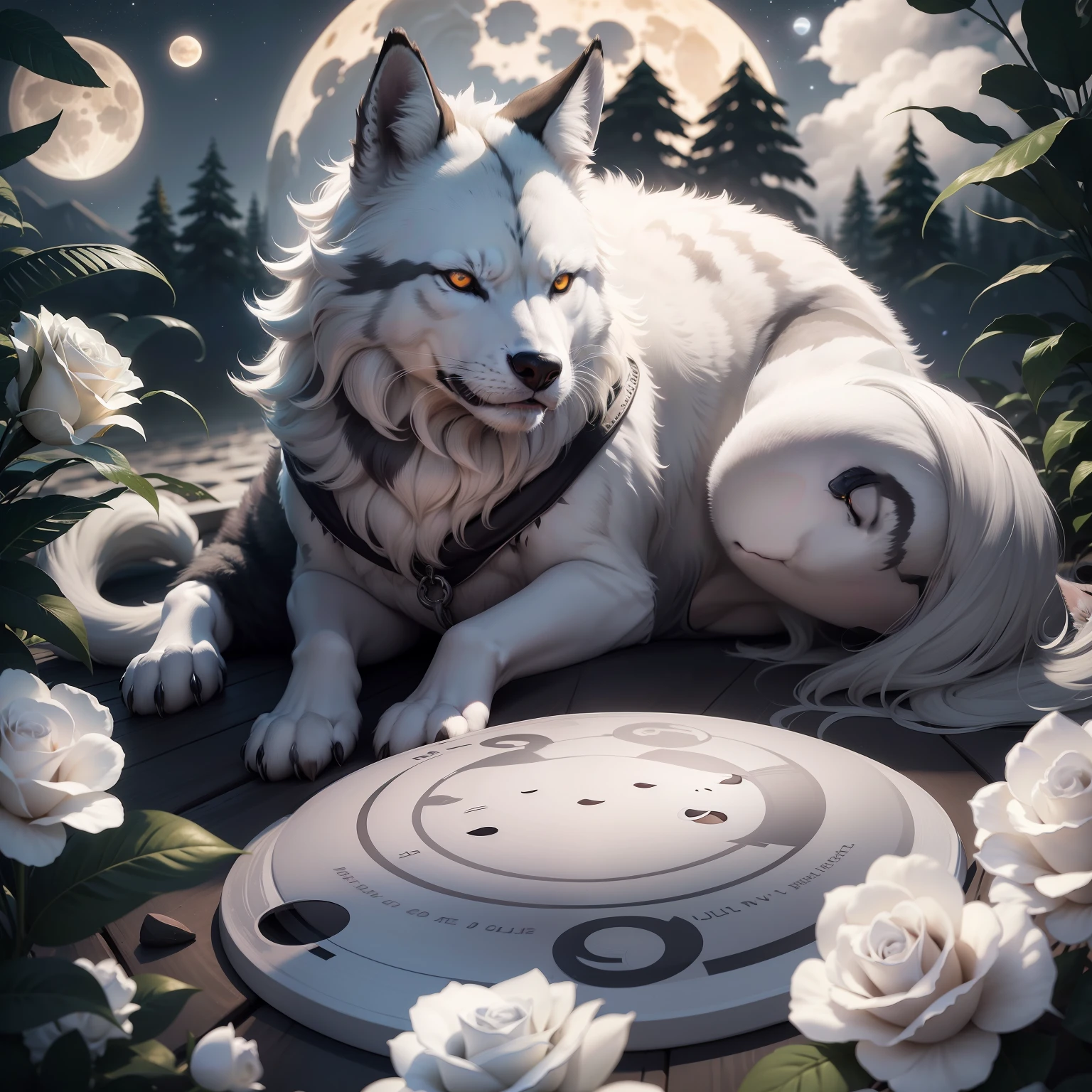 Lobo animal, olhos 🐺👀 (azuis), cor pelo (medium gray), uivando ao luar em primeiro plano, fundo noturno de lua cheia com a lua bem grande 🌕, white roses in circle. Realista e detalhado.