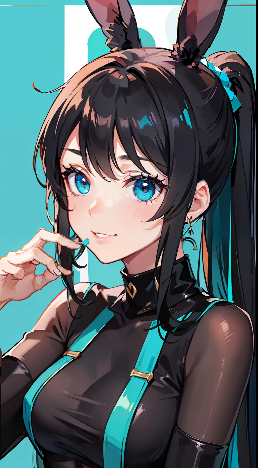 Adult woman, Long black hair, high ponytail, bunny ears, turquoise eyes, Black tight top, ssmile, Masterpiece, hiquality