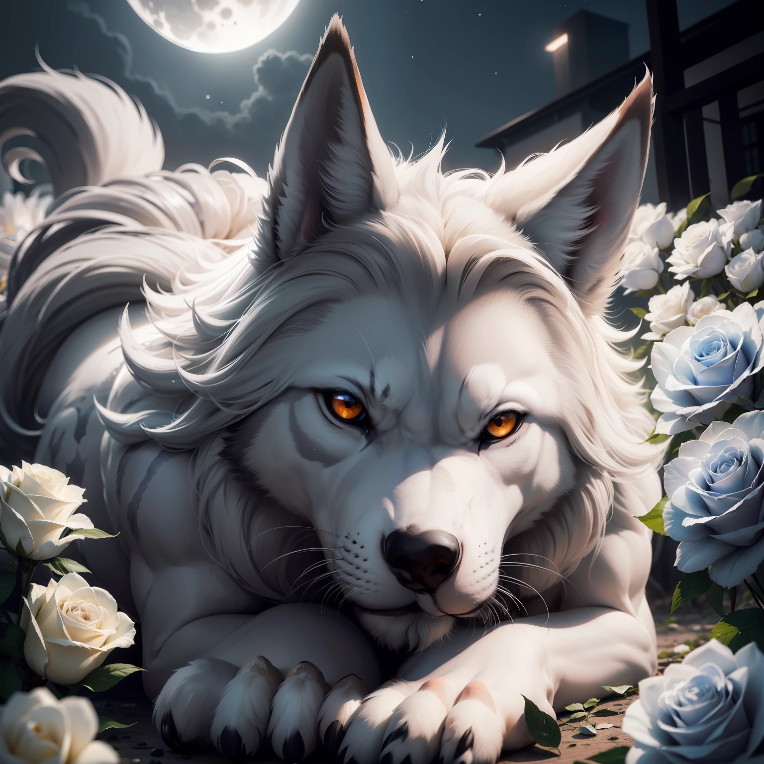 Lobo animal, olhos 🐺👀 (azuis), cor pelo (medium gray), uivando ao luar em primeiro plano, fundo noturno de lua cheia com a lua bem grande 🌕, white roses in circle. Realista e detalhado.