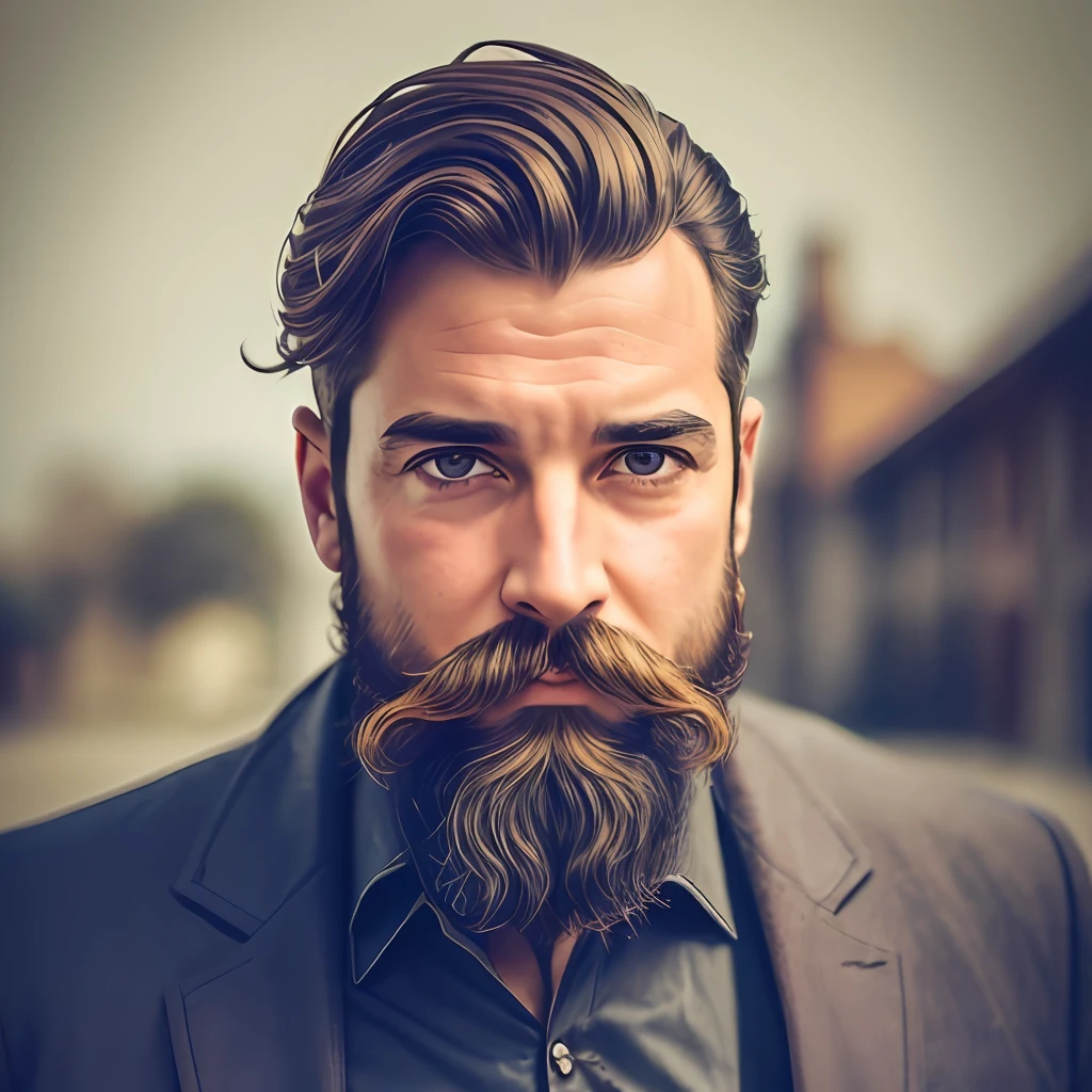 1boy, beard, blurry, blurry_background, blurry_foreground, depth_of_field, facial_hair, male_focus, manly, motion_blur, mustache, old_man, solo, upper_body, fantasy background, portrait, steampunk_bg