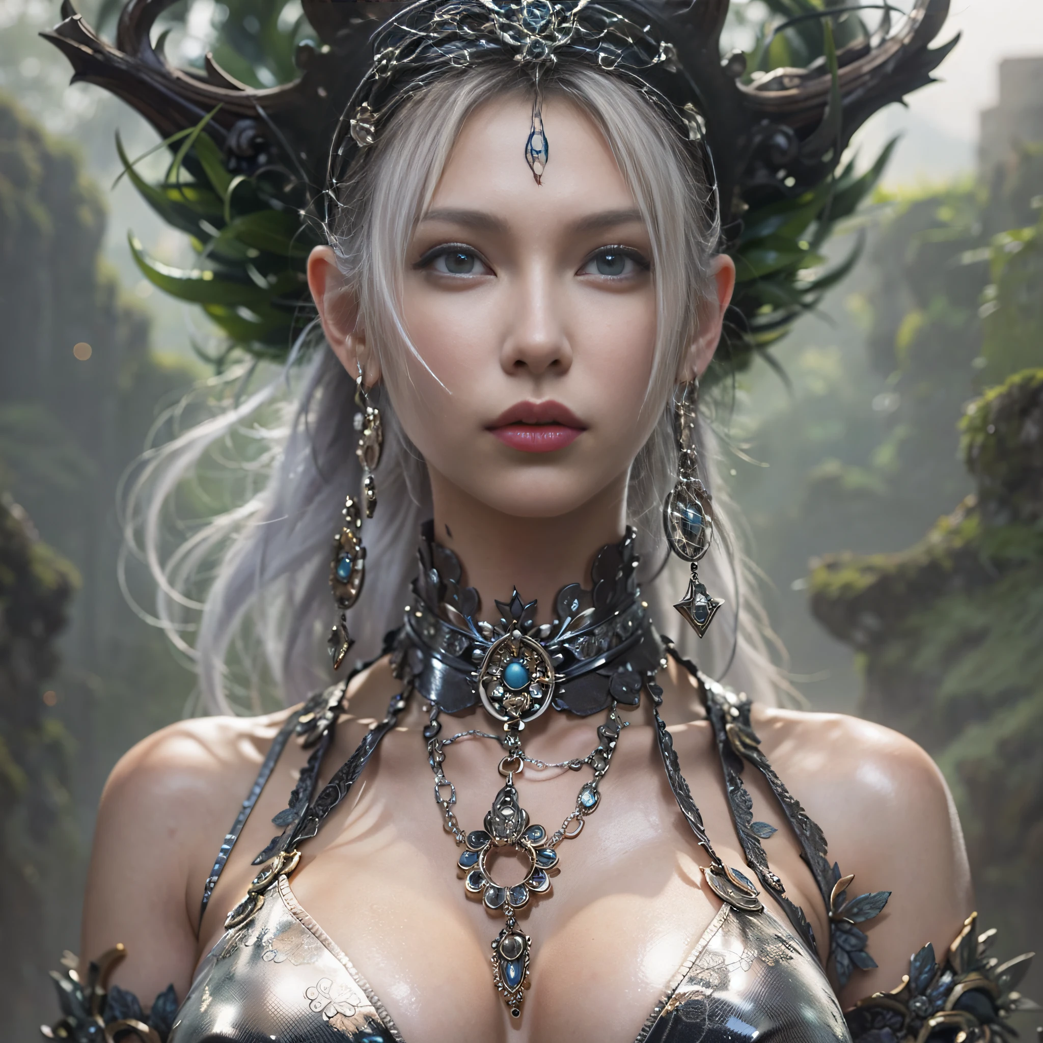 ((masterpiece)、(top-quality)、(reallistic))、beautiful queen:1.4、Bondage style、latex shiny、By Luis Royo:1.4、1girl in、Sexy Daughter、Attractive earrings with impressive beauty、a choker、a necklace、piercings、(Super beauty)、Super Ultra Ultra Bikini、standingn、fullllbody:1.4、(Beauty in return)、Fantastic mythological landscape