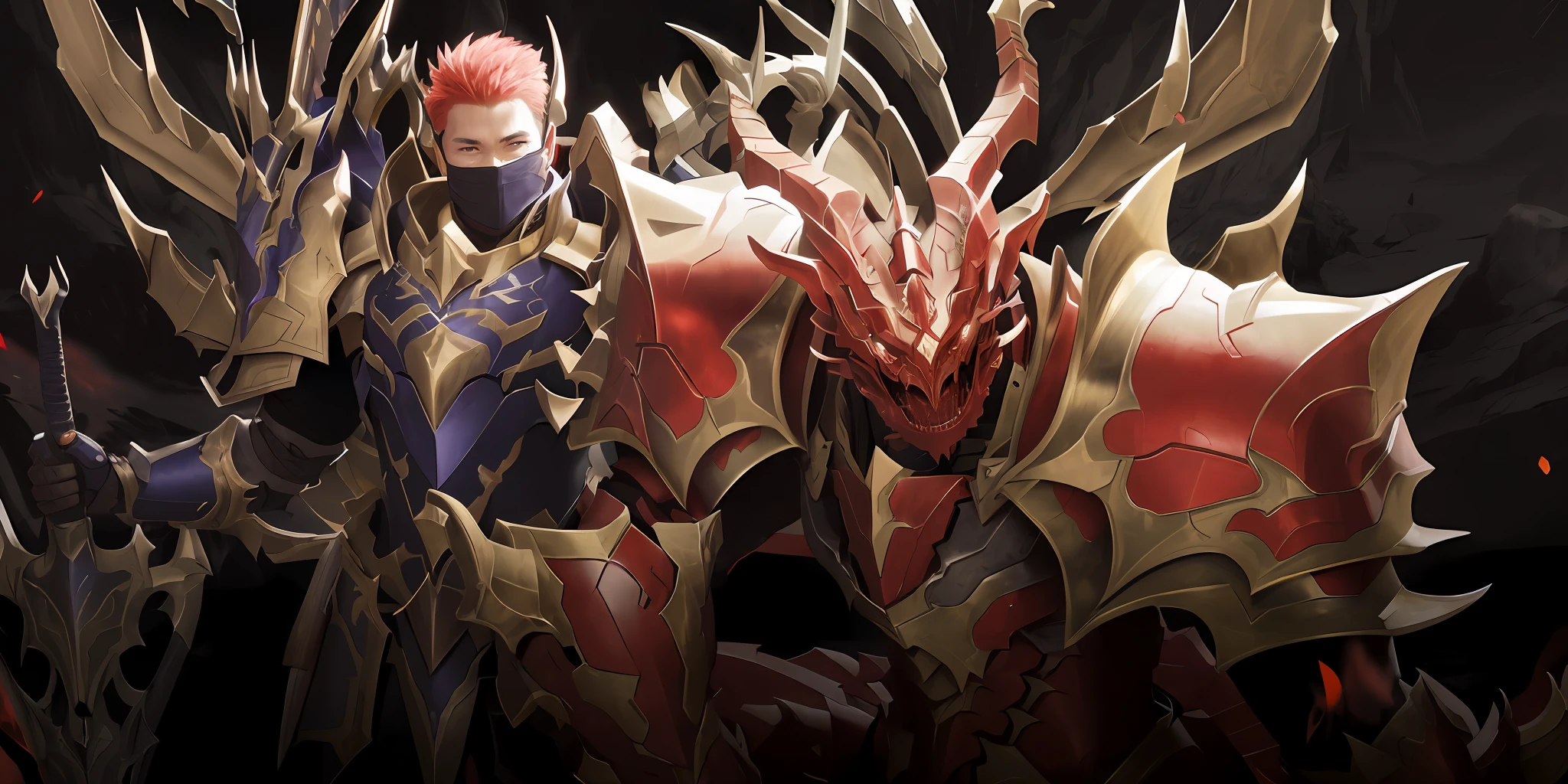 There are two men in armor next to each other, Dragon Knight, Yiqiang e Shurakrgt, draconic looking armor, Dragon armor, 8k hd wallpaperjpeg artefato, 8 K HD WallpaperArtefato jpeg, da linhagem 2, red demon armor, demonic dragon inspired armor, Retrato de Dragoon