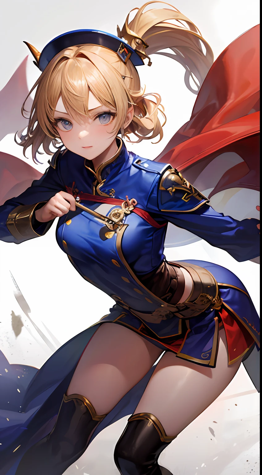 Peerless beauty，Perfect slim body，Mature royal sister face，Double ponytail curls，Knight armor，Sexy and seductive，Nice face，Full body like，4K quality，Feminine expression，Blush shyness，Star-like deep eyes，medium breasts，short  miko skirt，Knife pulling posture。 Overflowing bust，Fight Warcraft，speed lines，the best quality t，​masterpiece，Magnificent background，On the battlefield，Clothes are broken