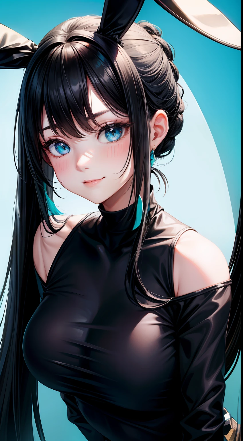 Adult woman, Long black hair, high ponytail, bunny ears, turquoise eyes, Black tight top, ssmile, Masterpiece, hiquality