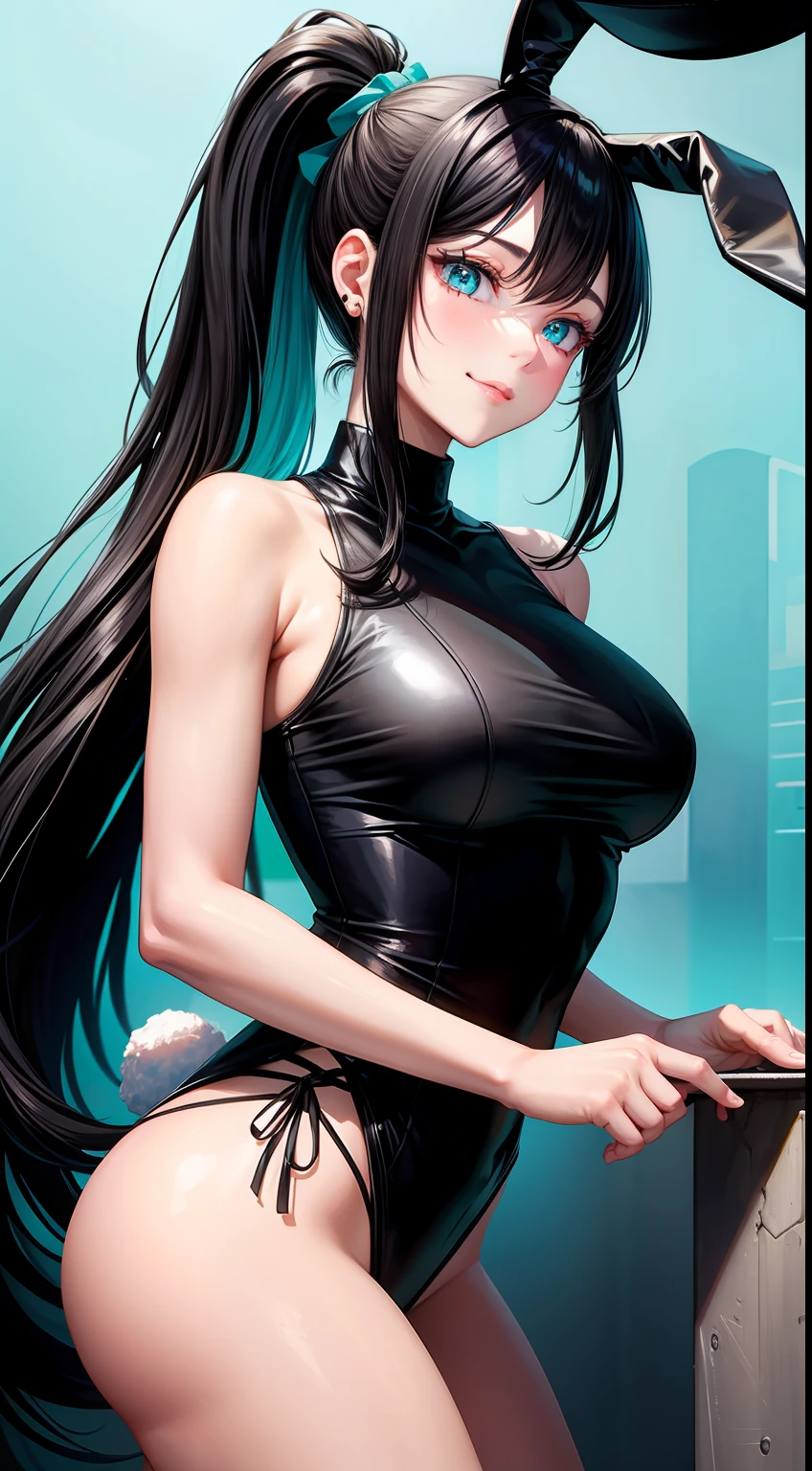 Adult woman, Long black hair, high ponytail, bunny ears, turquoise eyes, Black tight top, ssmile, Masterpiece, hiquality