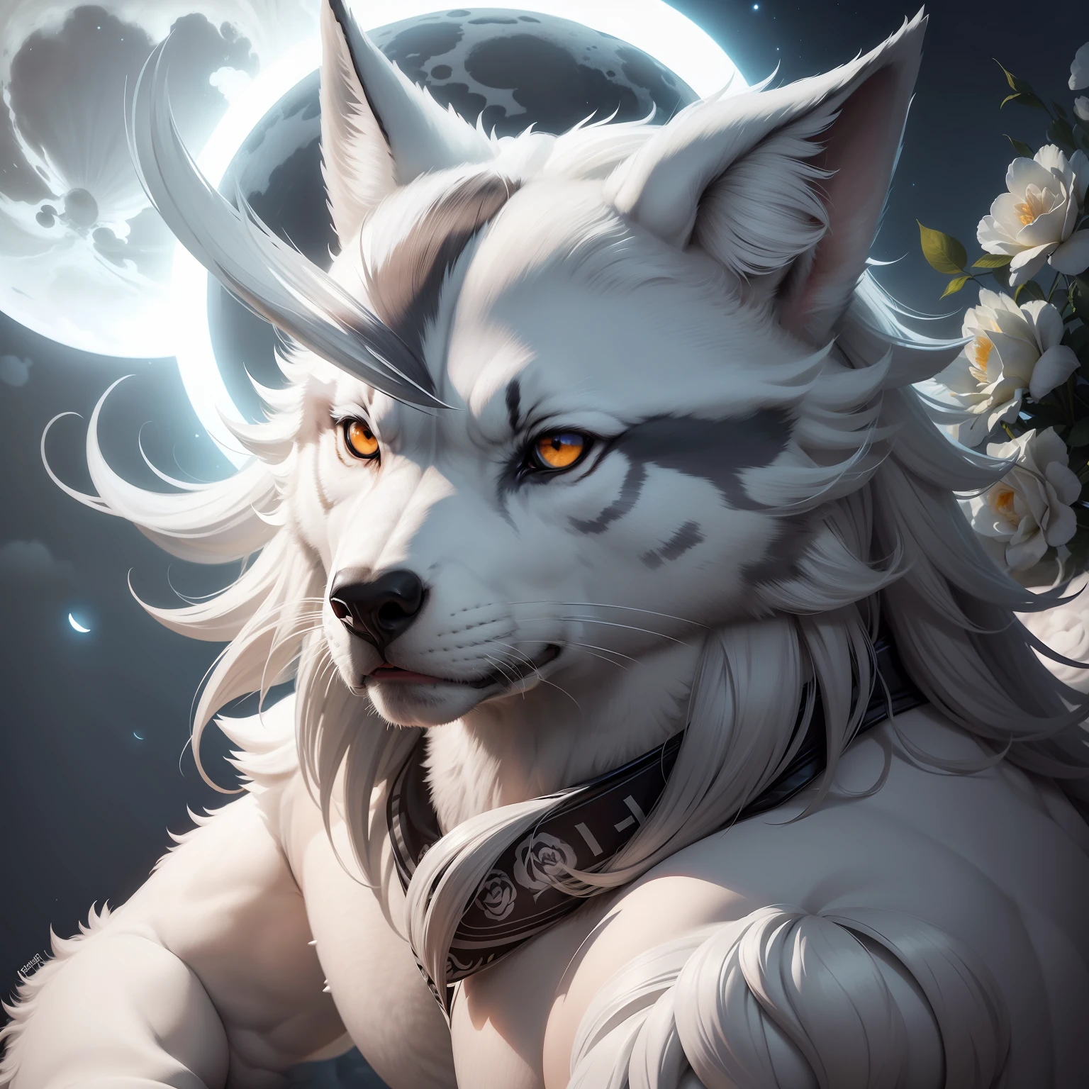 Lobo animal, olhos 🐺👀 (azuis), cor (medium gray with white), uivando ao luar em primeiro plano, fundo noturno de lua cheia com a lua bem grande 🌕, white roses in circle. Realista e detalhado.