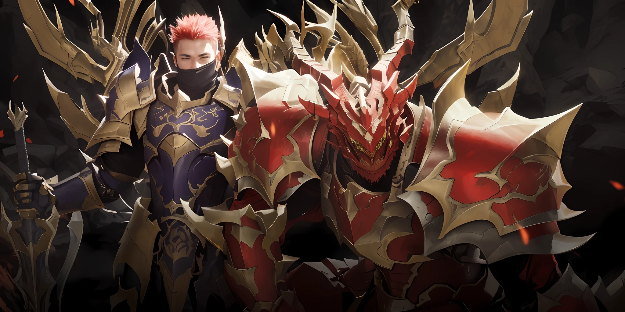 There are two men in armor next to each other, Dragon Knight, Yiqiang e Shurakrgt, draconic looking armor, Dragon armor, 8k hd wallpaperjpeg artefato, 8 K HD WallpaperArtefato jpeg, da linhagem 2, red demon armor, demonic dragon inspired armor, Retrato de Dragoon