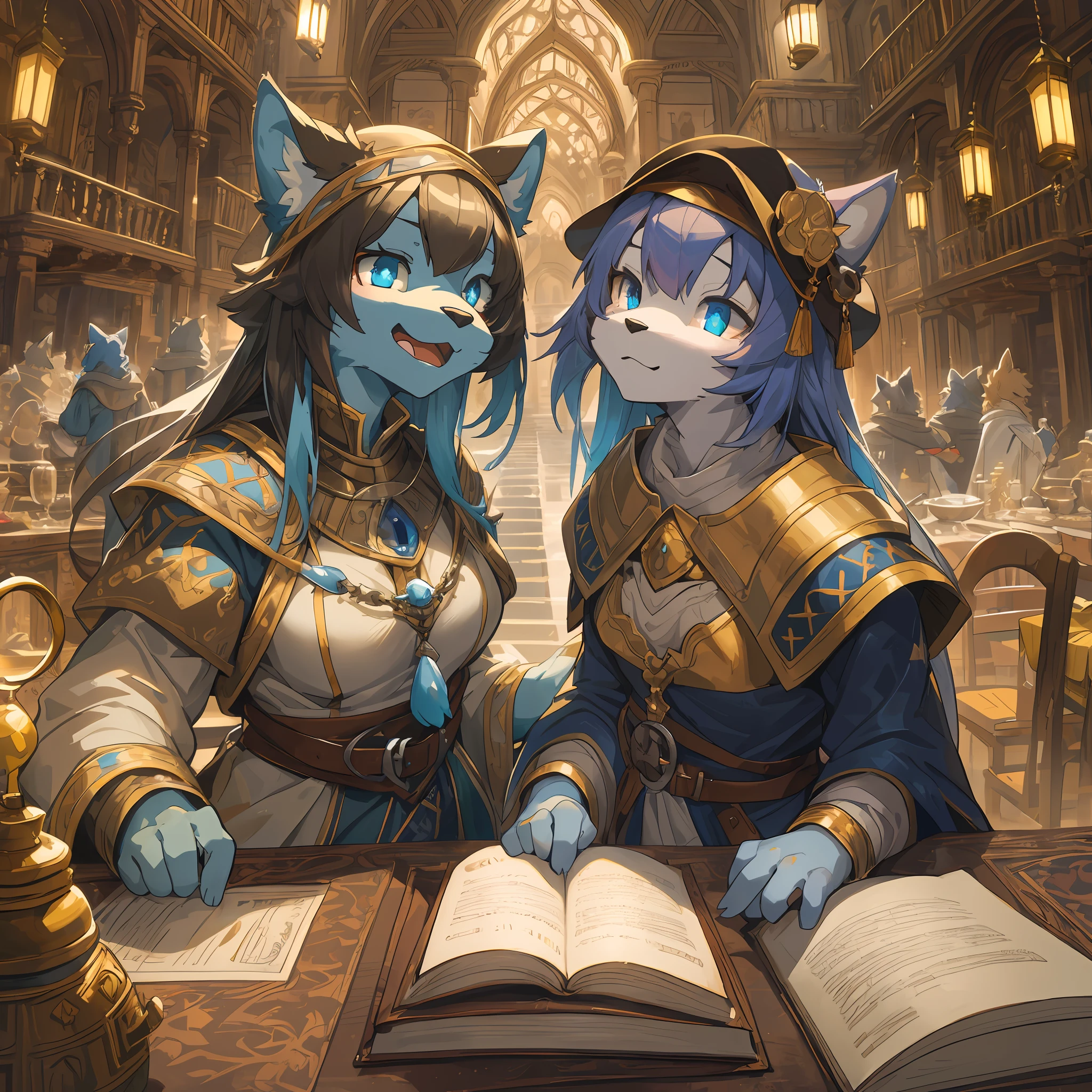 dynamic angle, top quality, best quality, High-quality illustrations, masterpiece, super high resolution, detailed background, detailed background, alchemist, medieval Europe, chandelle, group shot:0.1, 6+boys, 6+girls, absurdres(highly detailed beautiful face and eyes)perfect anatomy, expression, good lighting, cinematic shadow(kemono, furry anthro),