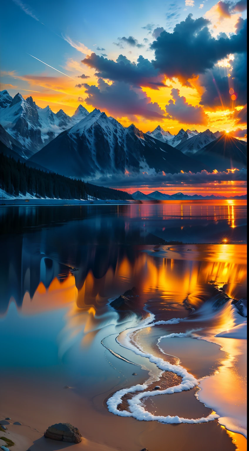 Por de sol, Golden sky, montanhas, oceano