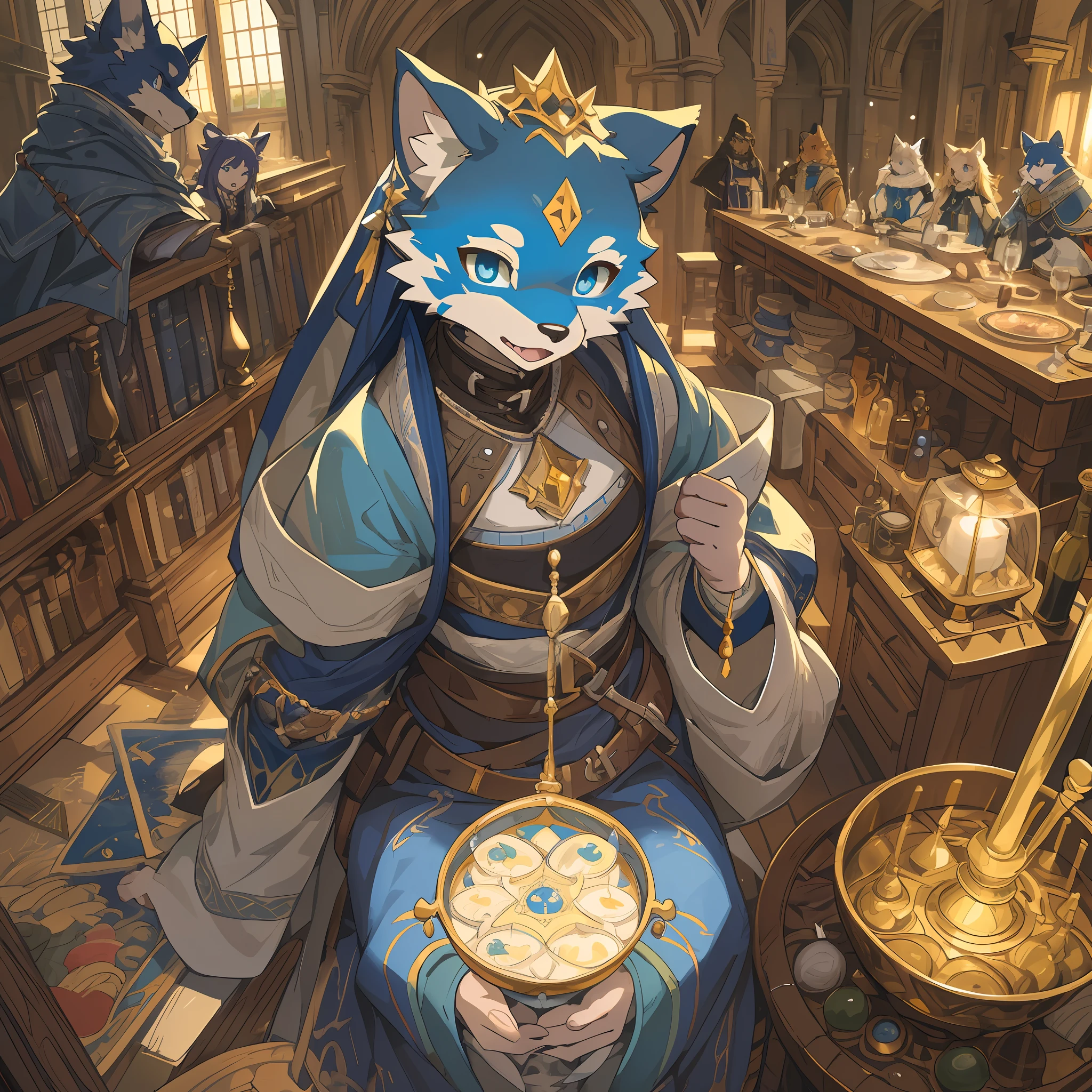 dynamic angle, top quality, best quality, High-quality illustrations, masterpiece, super high resolution, detailed background, detailed background, alchemist, medieval Europe, chandelle, group shot:0.1, 6+boys, 6+girls, absurdres(highly detailed beautiful face and eyes)perfect anatomy, expression, good lighting, cinematic shadow(kemono, furry anthro),
