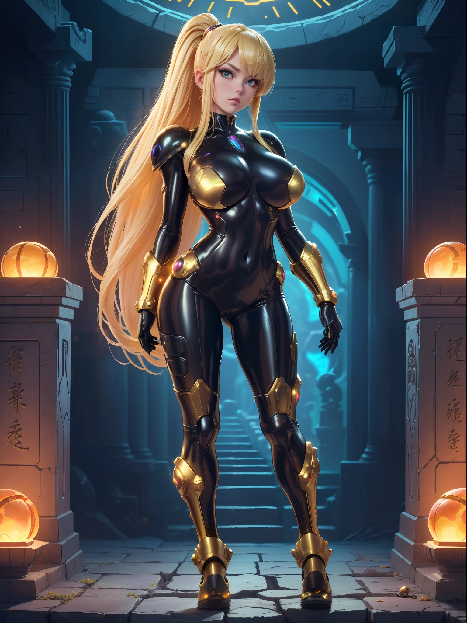 (Samus Aran), ((Wearing black alien armor with golden parts, extremely glued to the body and tight)), ((gigantic breasts)), ((blonde hair, with clip, hair with big bangs in front of the eyes)), ((staring at the viewer)), (((doing erotic pose leaning on an object))), ((in an ancient alien temple, figurines, large tombstones with illegible writing, large pilasters, lights stuck on the walls, is at night, open area)), ((((full body)))), 16k, UHD, ((better quality, better resolution, better detail)), (((Super Metroid)))