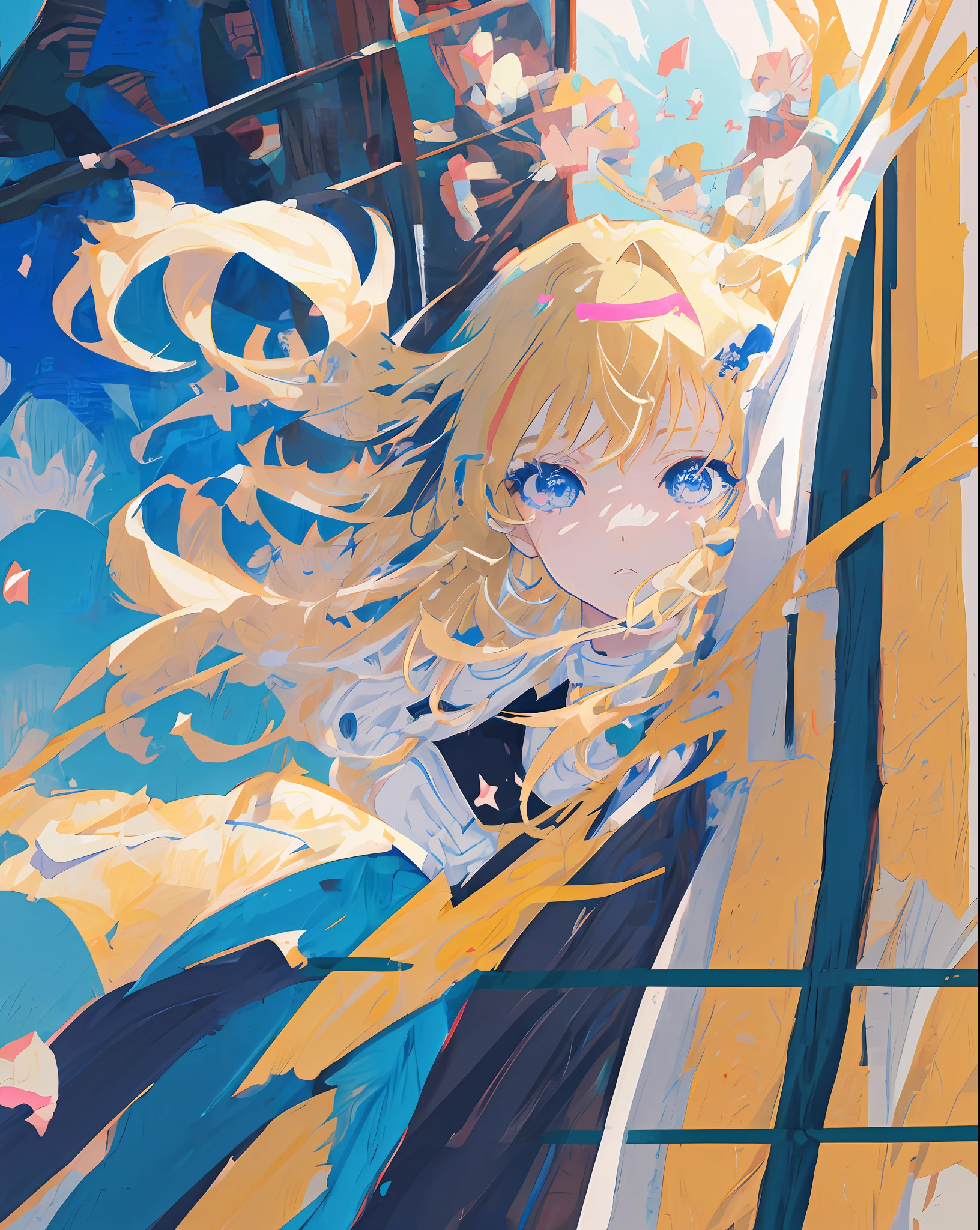 Anime girl with blue eyes and blonde hair holding scissors, Stunning anime face portrait, zerochan art, Beautiful Anime Portrait, anime style portrait, anime style 4 k, Beautiful Anime Face, anime art style, digital art on pixiv, detailed portrait of an anime girl, beautiful anime art style, digital anime art, High quality anime art style, digital art in anime style