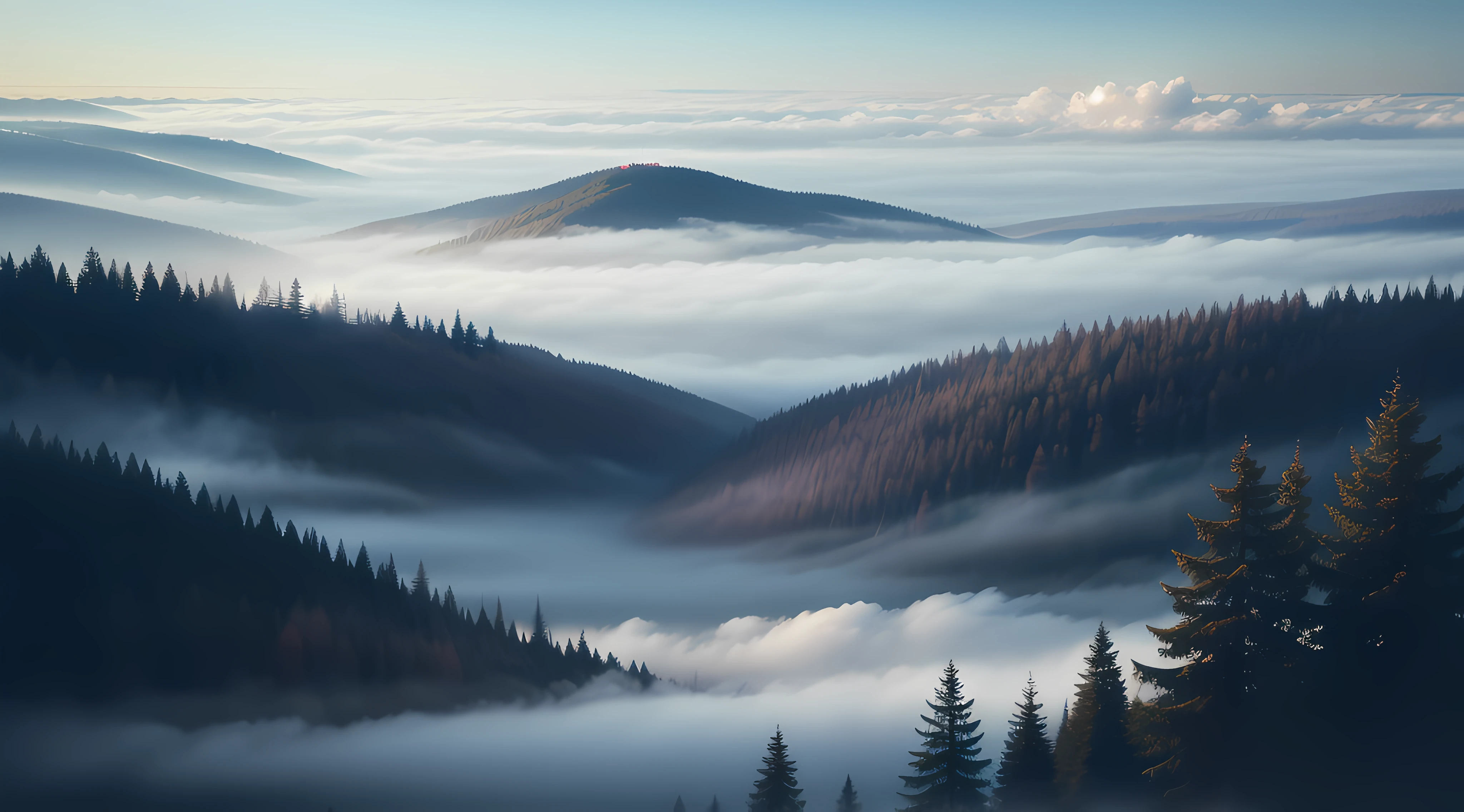 sky view forest heavy fog real forest 8k uhd, dslr, soft lighting, high quality,